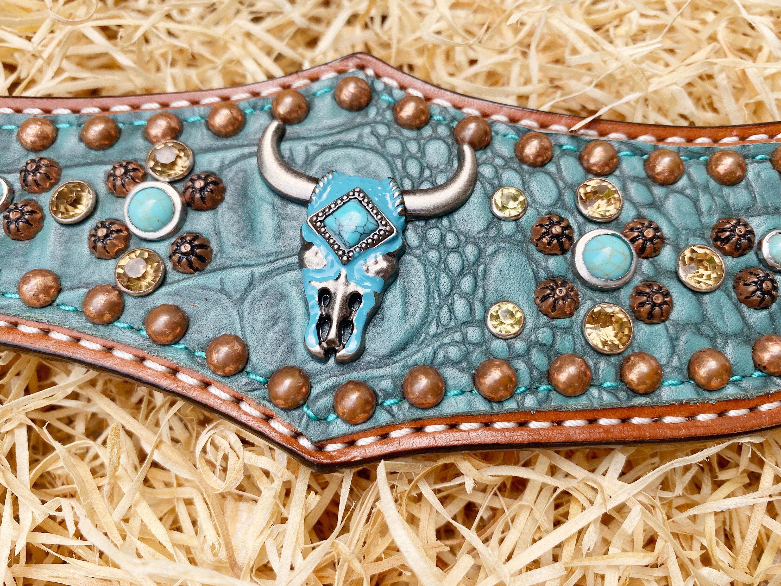 MOUSM Western Horse Tack Set - Leather Headstall and Breast Collar Tack Set with Teal Alligator & Turquoise Bull Head Conchos with Copper Studs Overlay