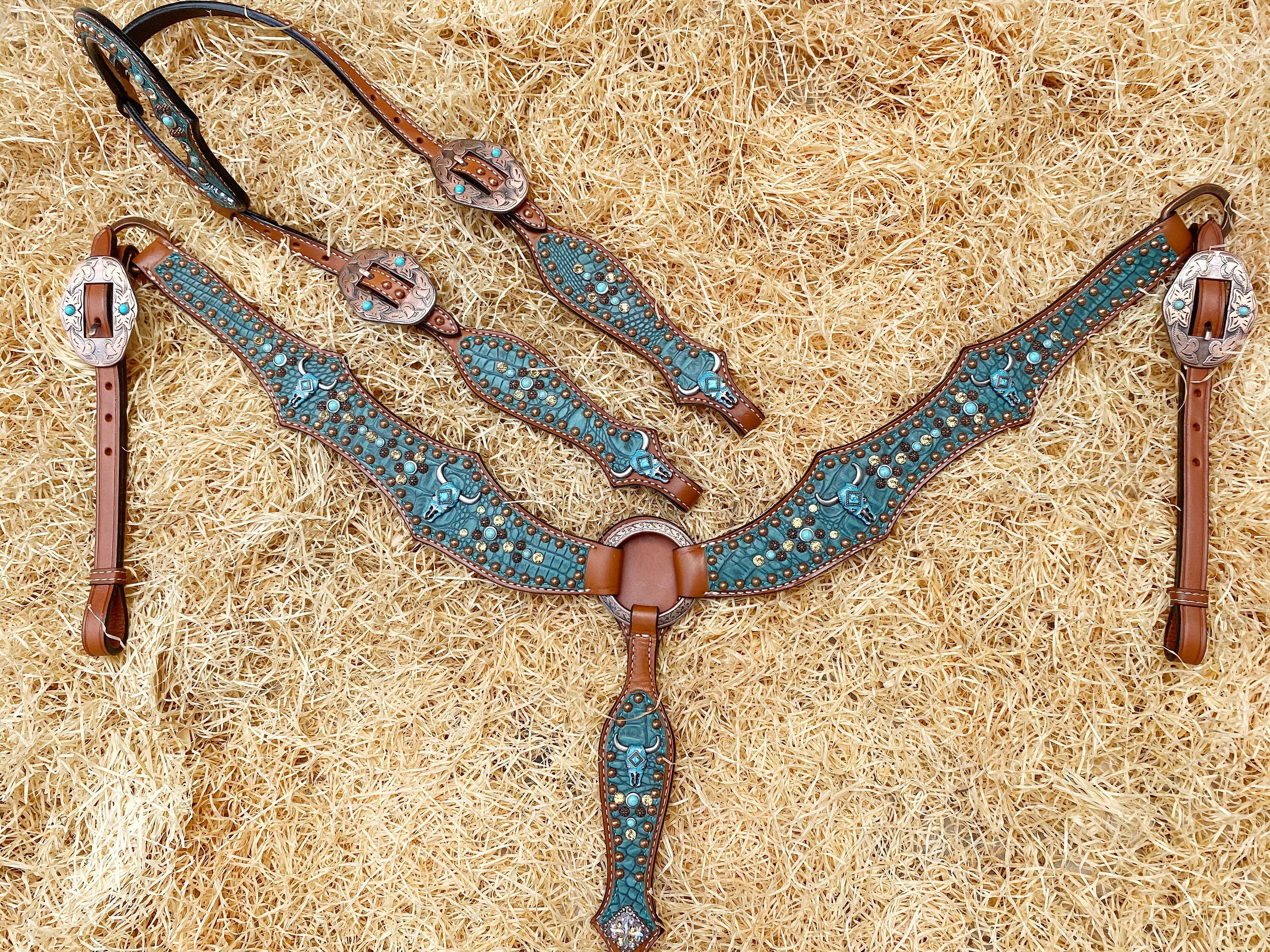 MOUSM Western Horse Tack Set - Leather Headstall and Breast Collar Tack Set with Teal Alligator & Turquoise Bull Head Conchos with Copper Studs Overlay
