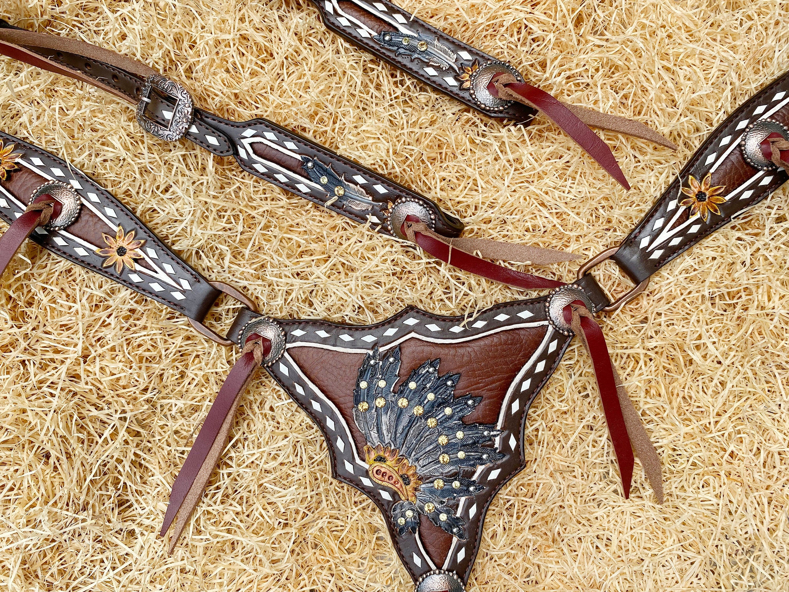 MOUSM Argentina Cow Leather Western Headstall & Breast Collar Set - Leather Headstall and Breast Collar Set for horse, Western Headstall with Sunflower Tooling Along with String Conchos Overlay
