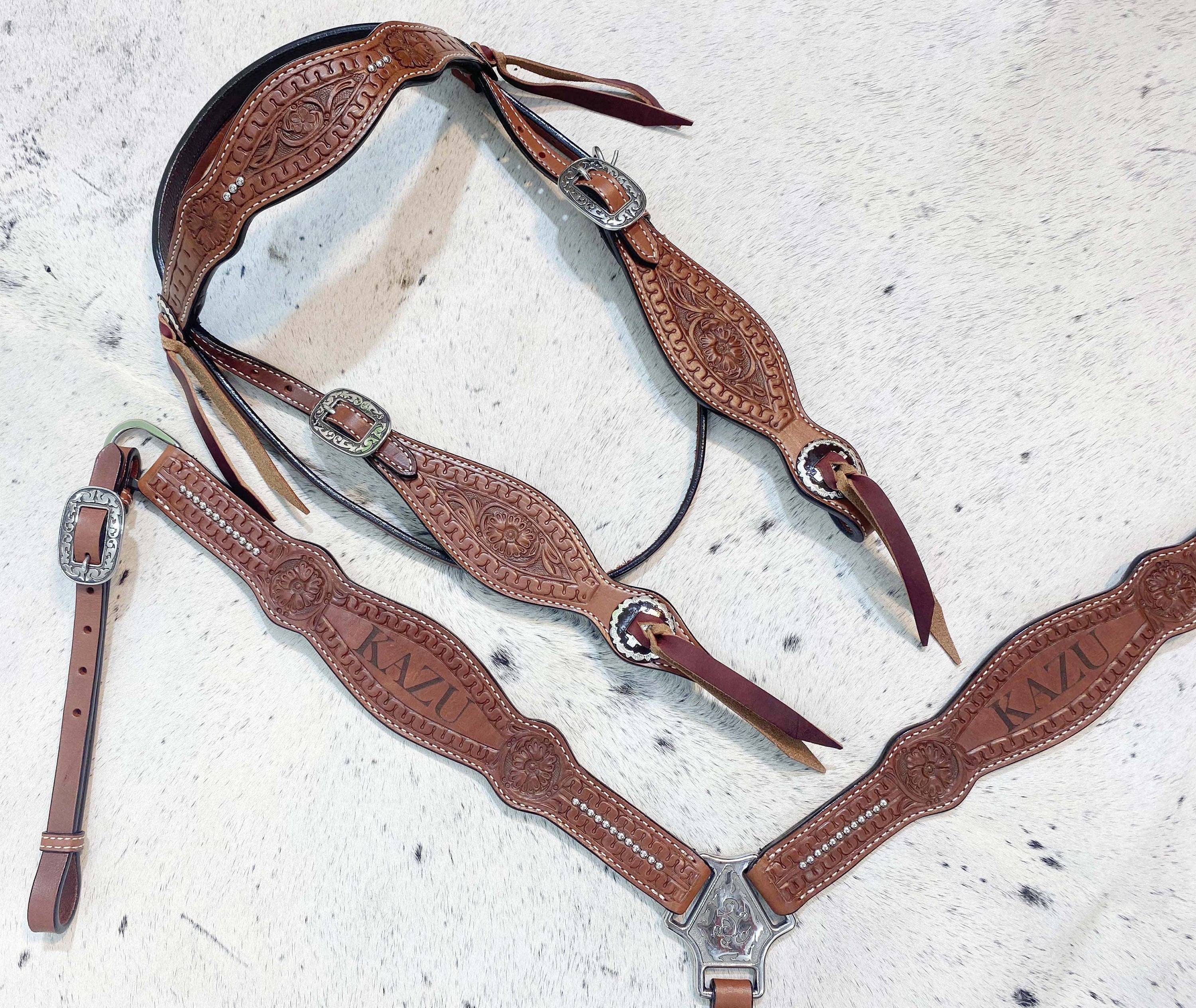 MOUSM Customized Leather Headstall and Breast Collar Set for your horse, Western leather custom headstall with loved Horse or rider name