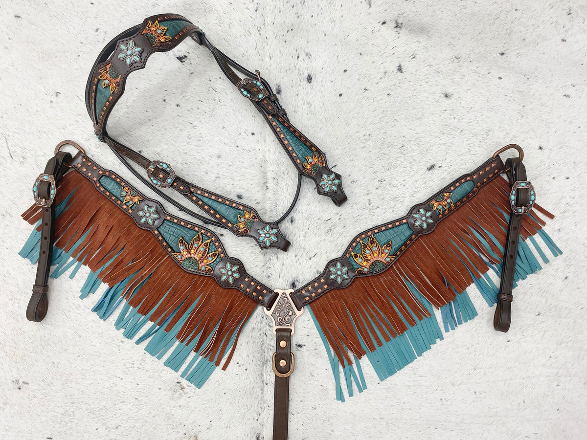 Tan Fringe & Sunflower Carving Complete Alligator Horse Tack Set