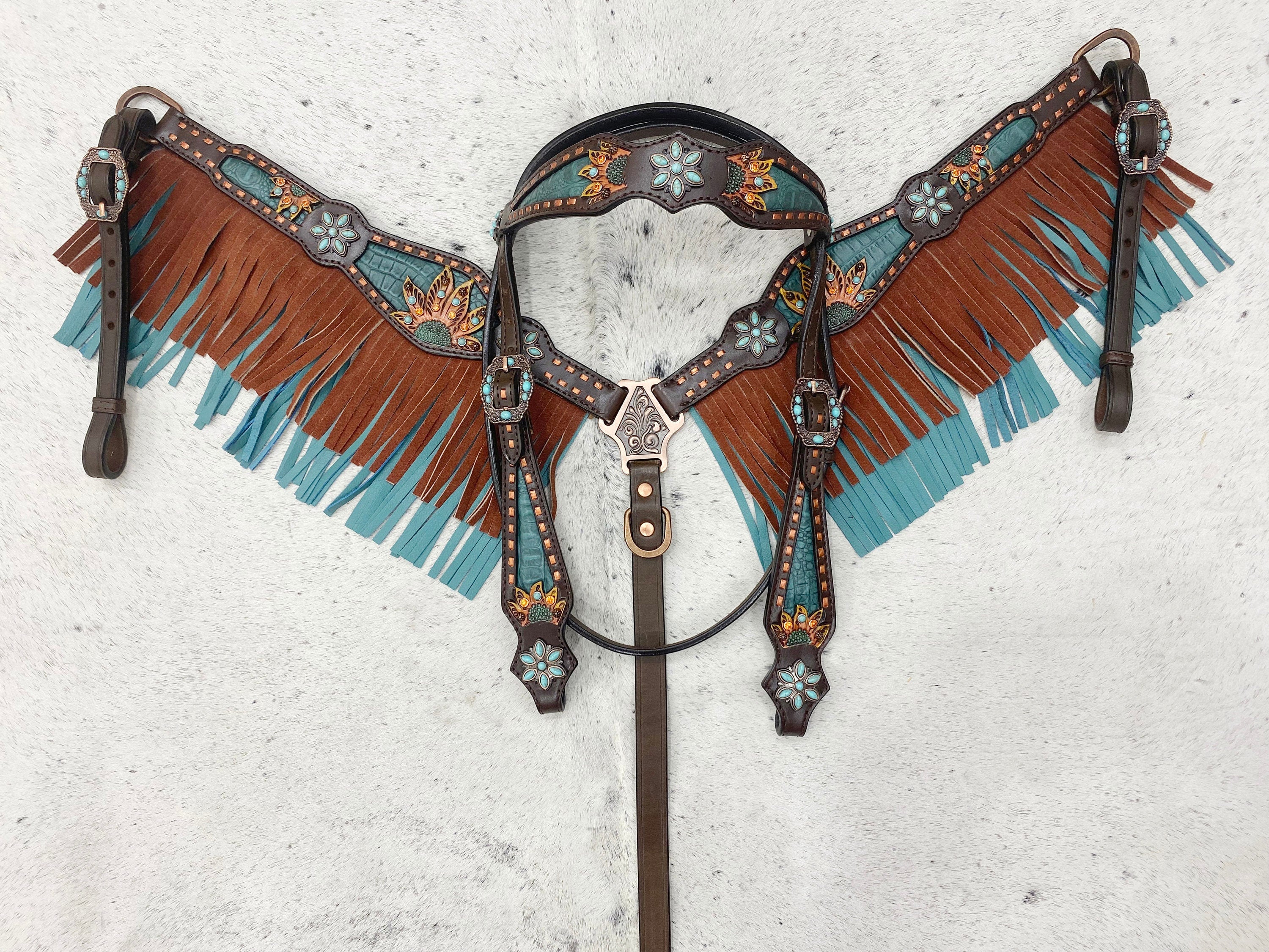 MOUSM Argentina Cow Leather Western Horse Tack Collection – Browband Headstall & Breast Collar, Bronc Halter, Wither & Spur Straps, Decorated with Sunflower Carving, Teal Snake Pattern Inlay and Turquoise Stone, Turquoise/Tan Fringe