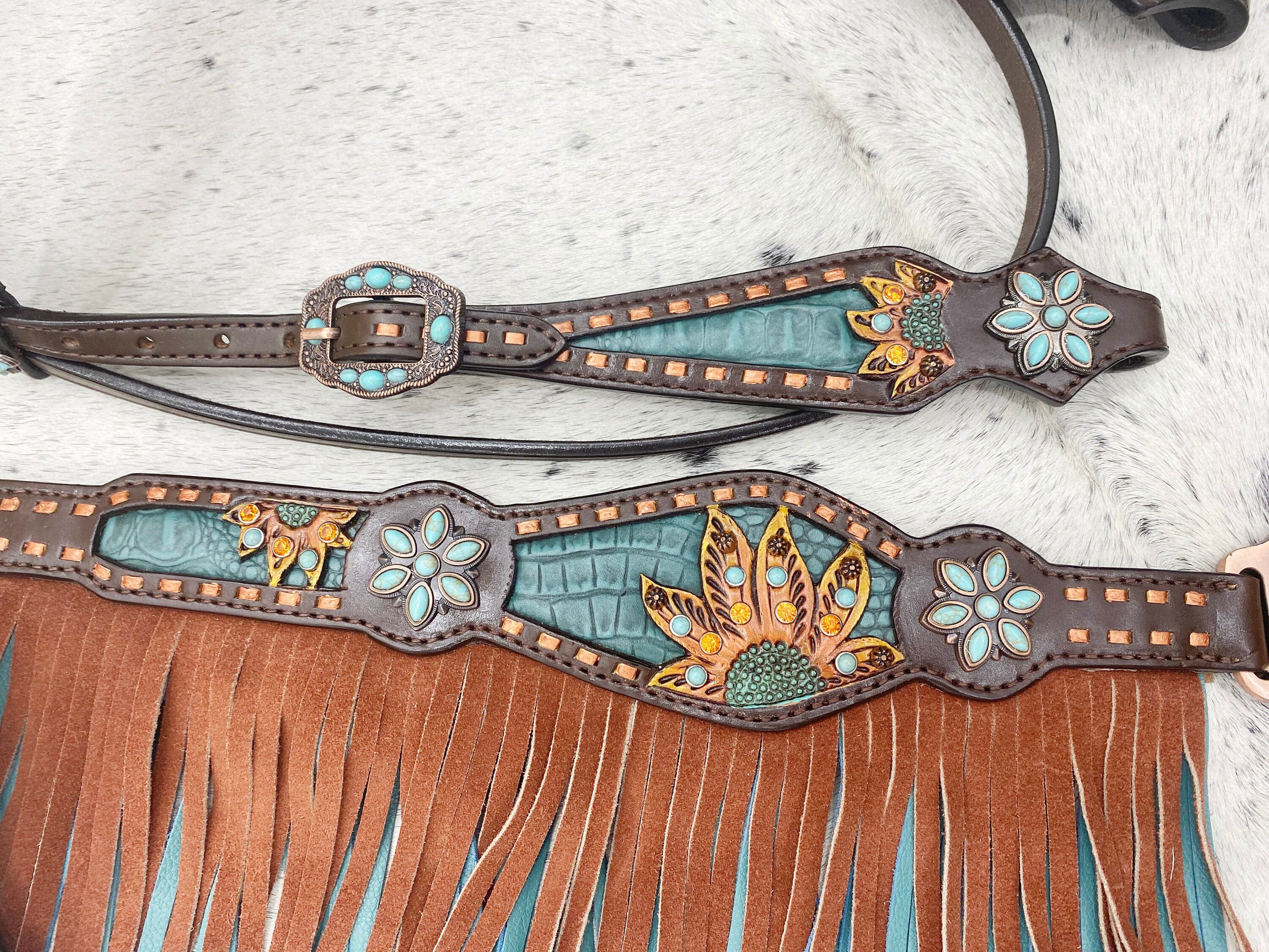MOUSM Argentina Cow Leather Western Horse Tack Collection – Browband Headstall & Breast Collar, Bronc Halter, Wither & Spur Straps, Decorated with Sunflower Carving, Teal Snake Pattern Inlay and Turquoise Stone, Turquoise/Tan Fringe
