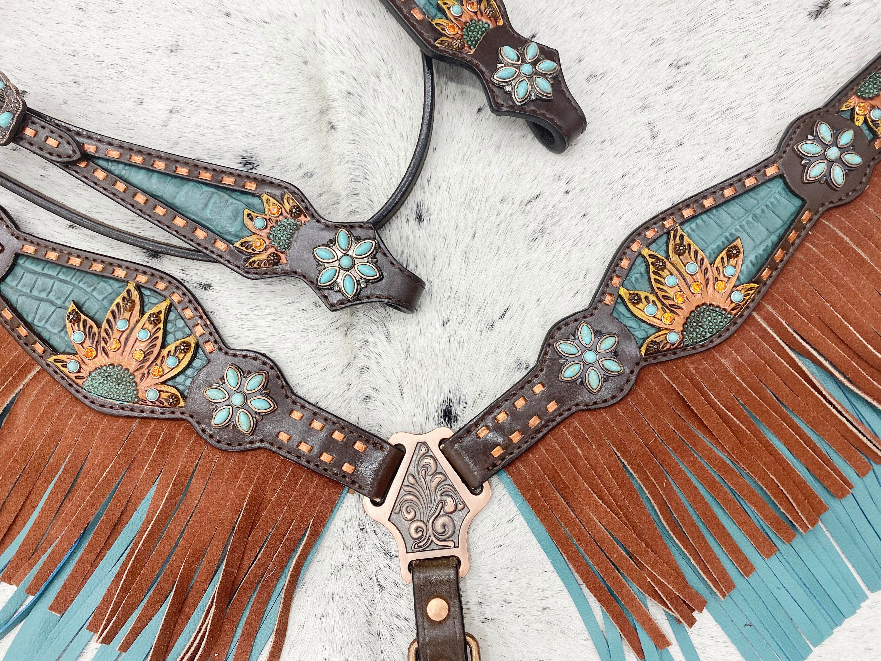 MOUSM Argentina Cow Leather Western Horse Tack Collection – Browband Headstall & Breast Collar, Bronc Halter, Wither & Spur Straps, Decorated with Sunflower Carving, Teal Snake Pattern Inlay and Turquoise Stone, Turquoise/Tan Fringe