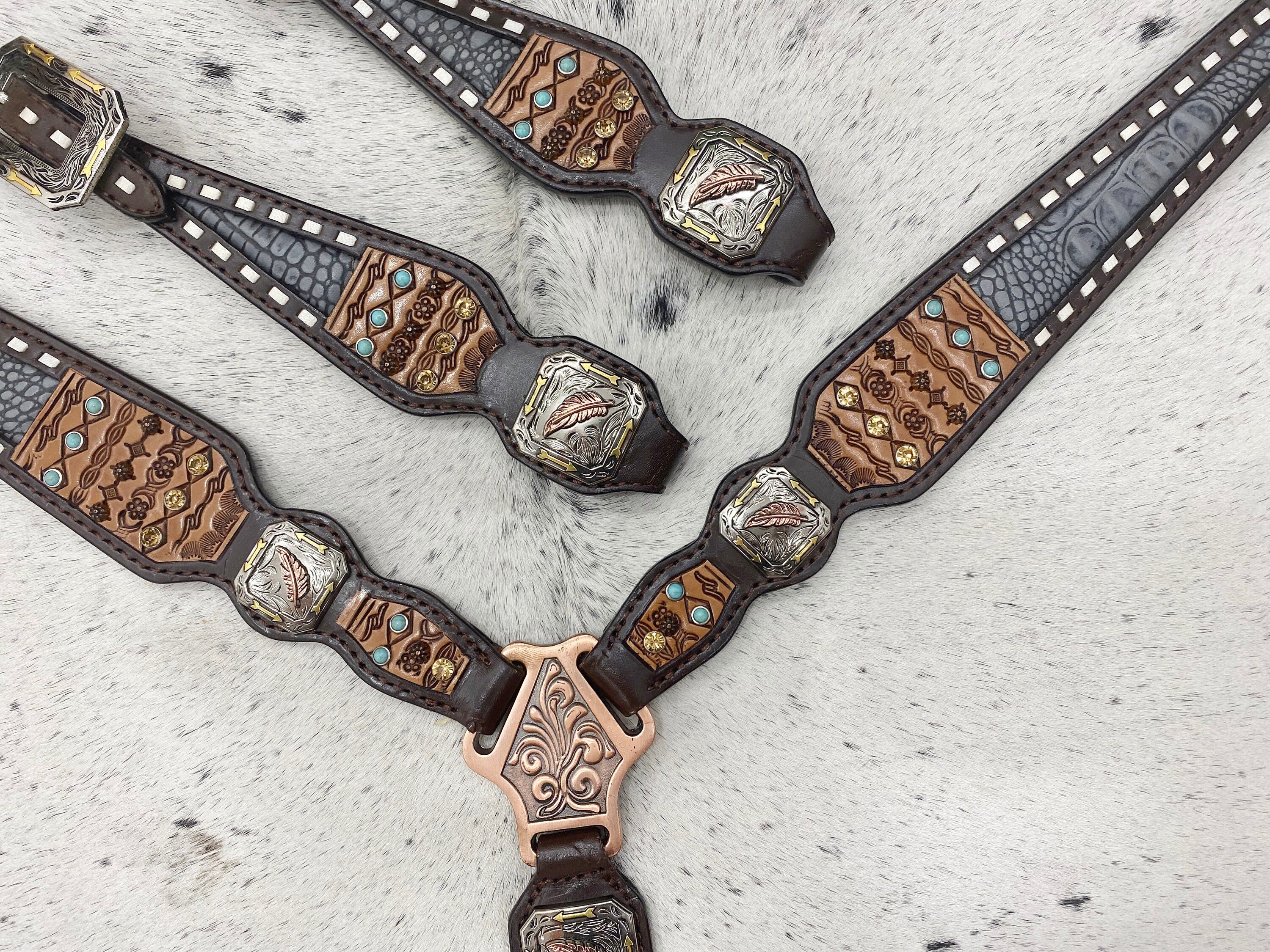 MOUSM Argentina Cow Leather Western Horse Tack Collection – Western Bridles and Headstalls Decorated with Geometrical Tooling, Rawhide Braiding & Grey Alligator Print
