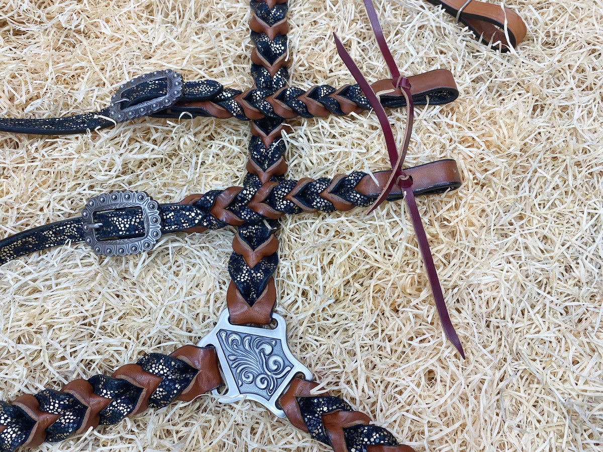 Black Alligator and Dark Brown Braiding Headstall Tack Set