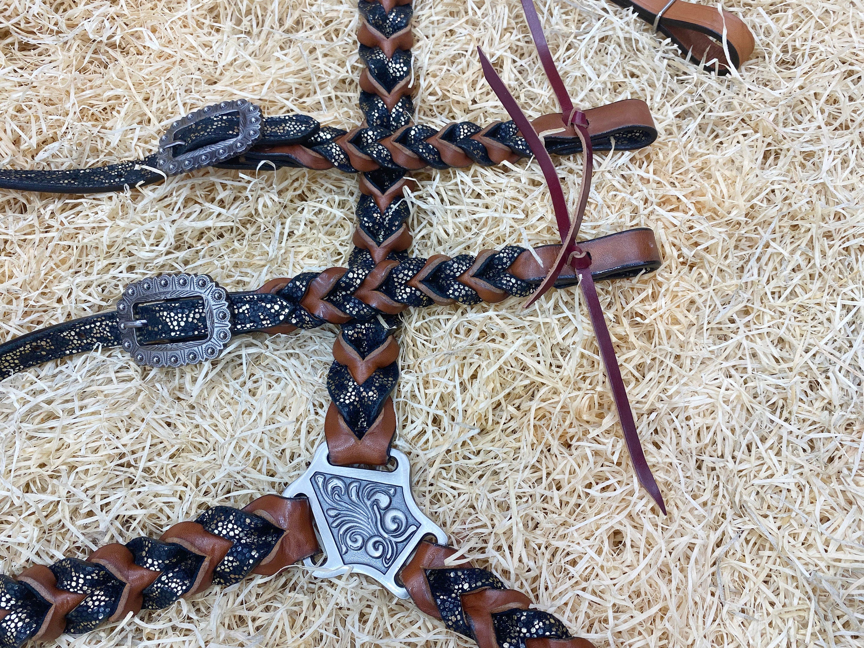 MOUSM Argentina Cow Leather Bridle & Breast Collar Set – Western Headstall for Horses Decorated with Teal Alligator and Dark Brown Braiding, Antique Copper Hardware
