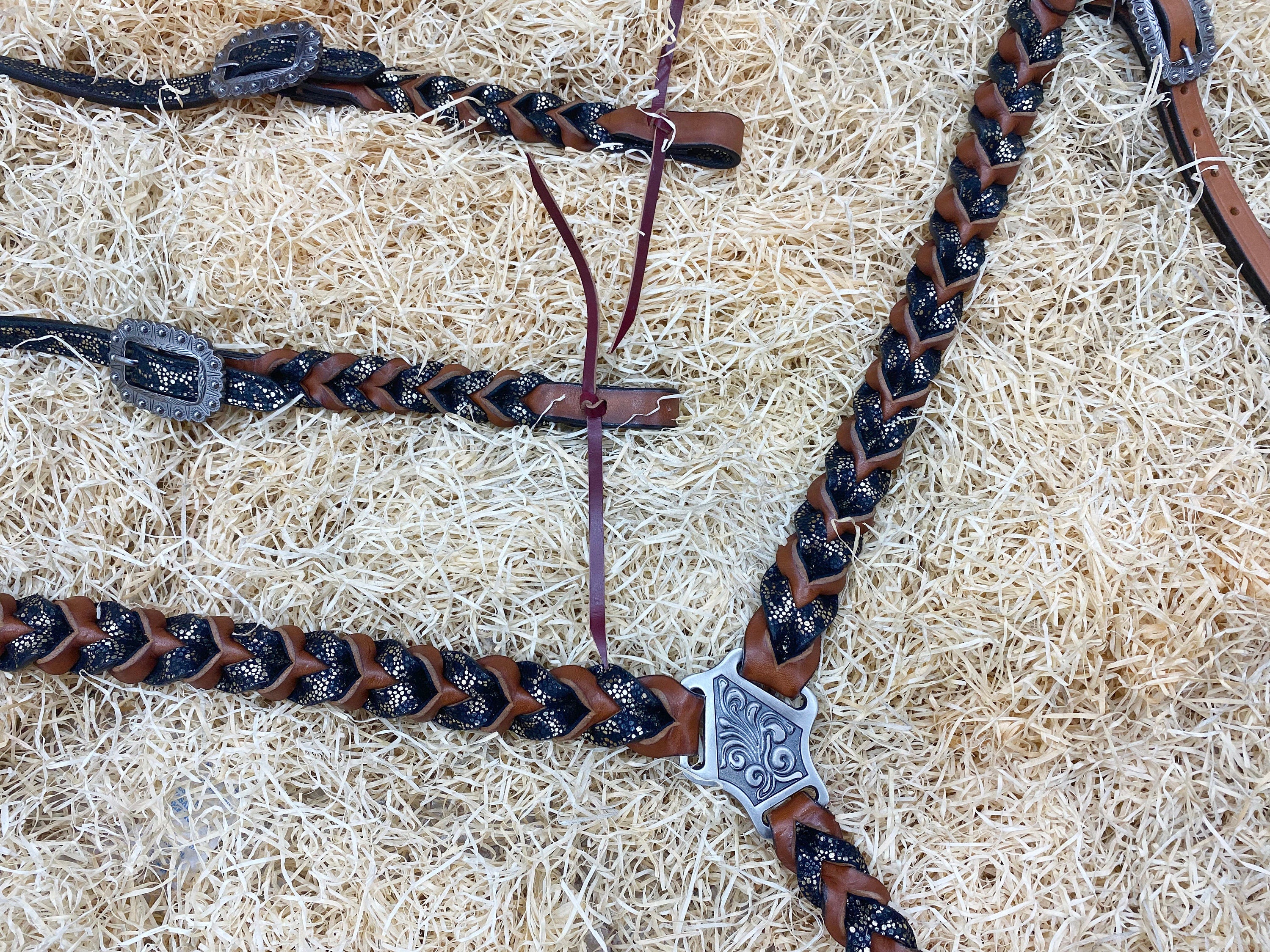 MOUSM Argentina Cow Leather Bridle & Breast Collar Set – Western Headstall for Horses Decorated with Teal Alligator and Dark Brown Braiding, Antique Copper Hardware