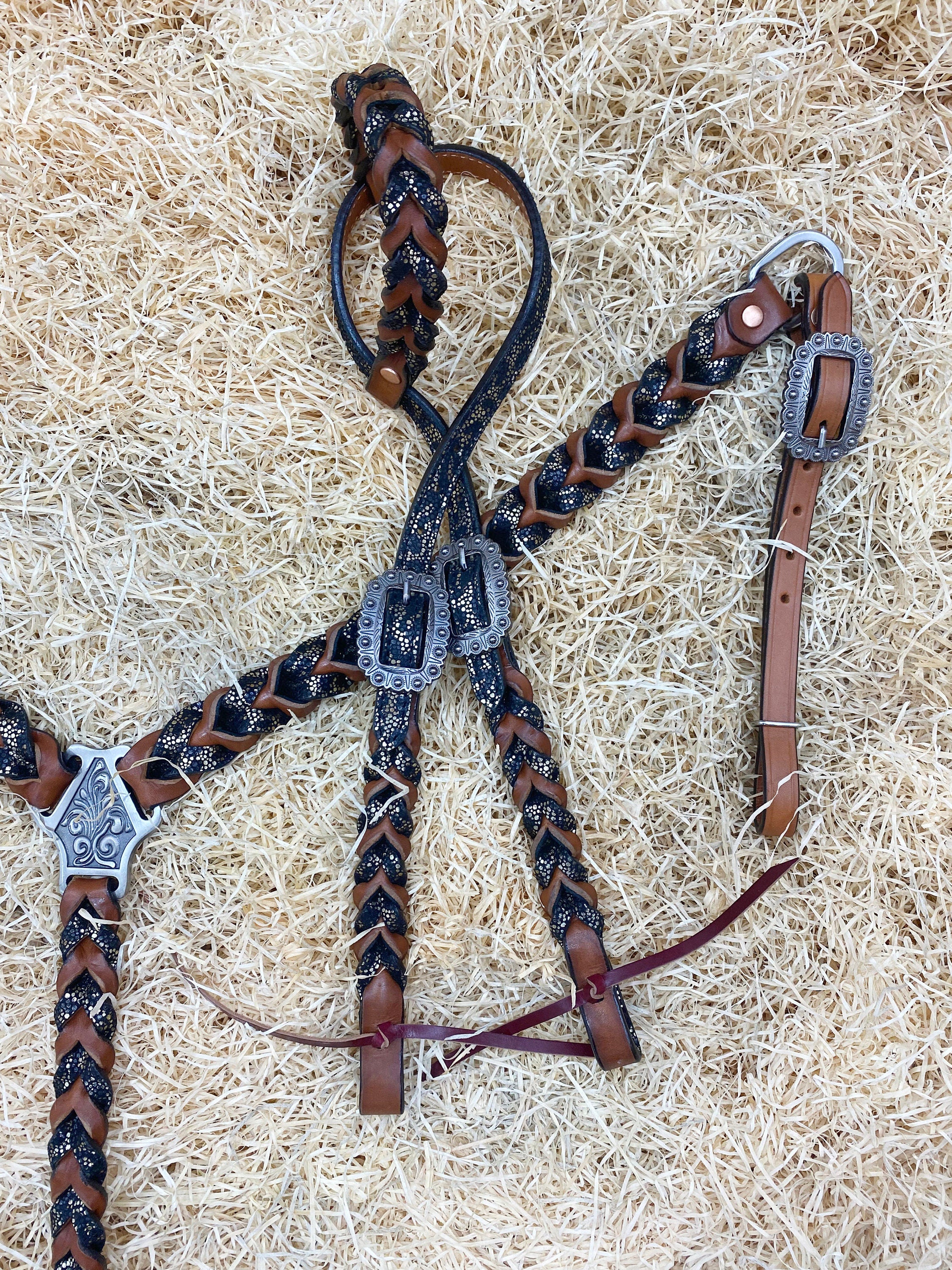 MOUSM Argentina Cow Leather Bridle & Breast Collar Set – Western Headstall for Horses Decorated with Teal Alligator and Dark Brown Braiding, Antique Copper Hardware