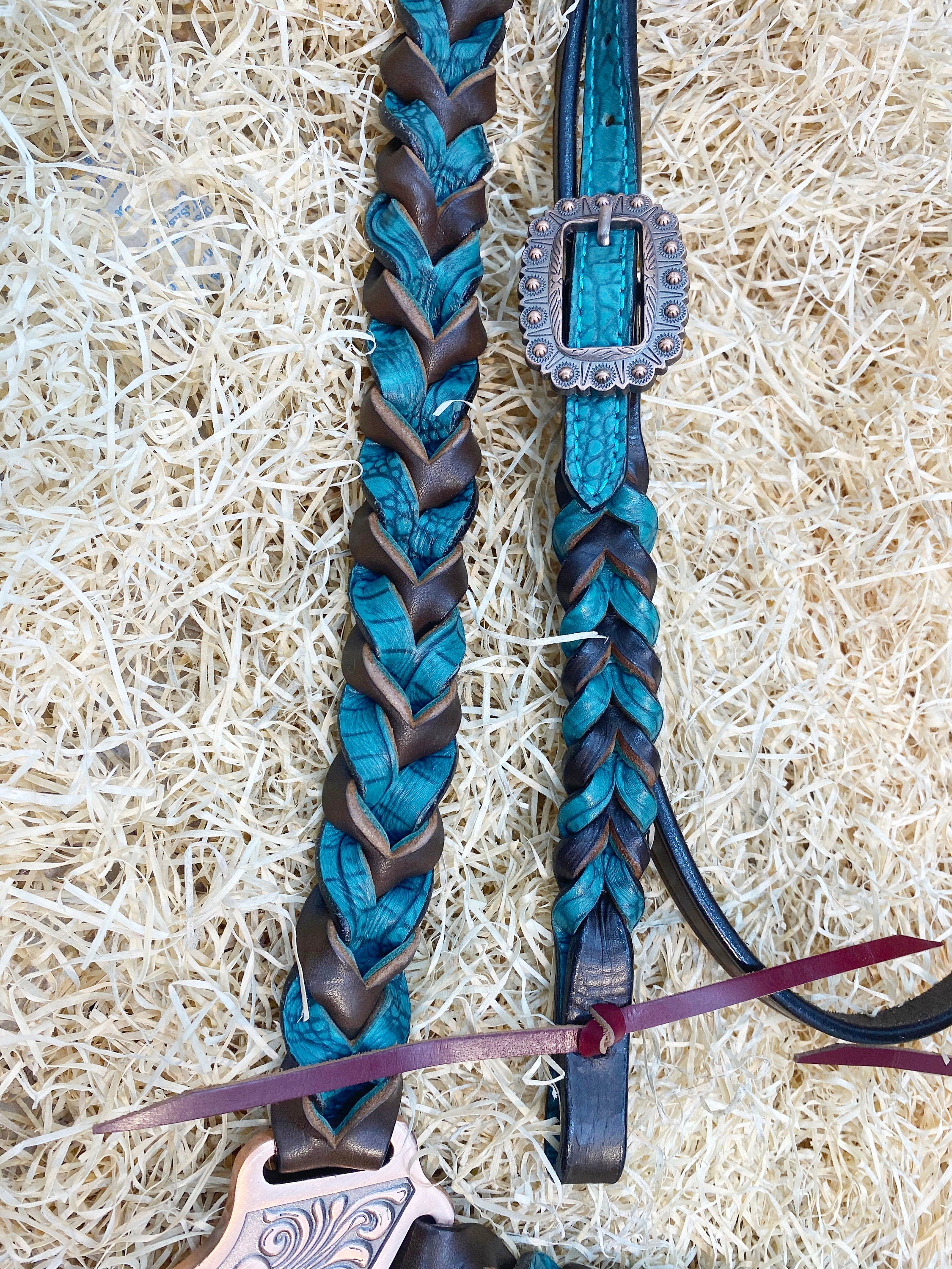 MOUSM Argentina Cow Leather Browband Headstall & Breast Collar Set – Western Horse Tack Set Decorated with Teal Alligator and Dark Brown Braiding