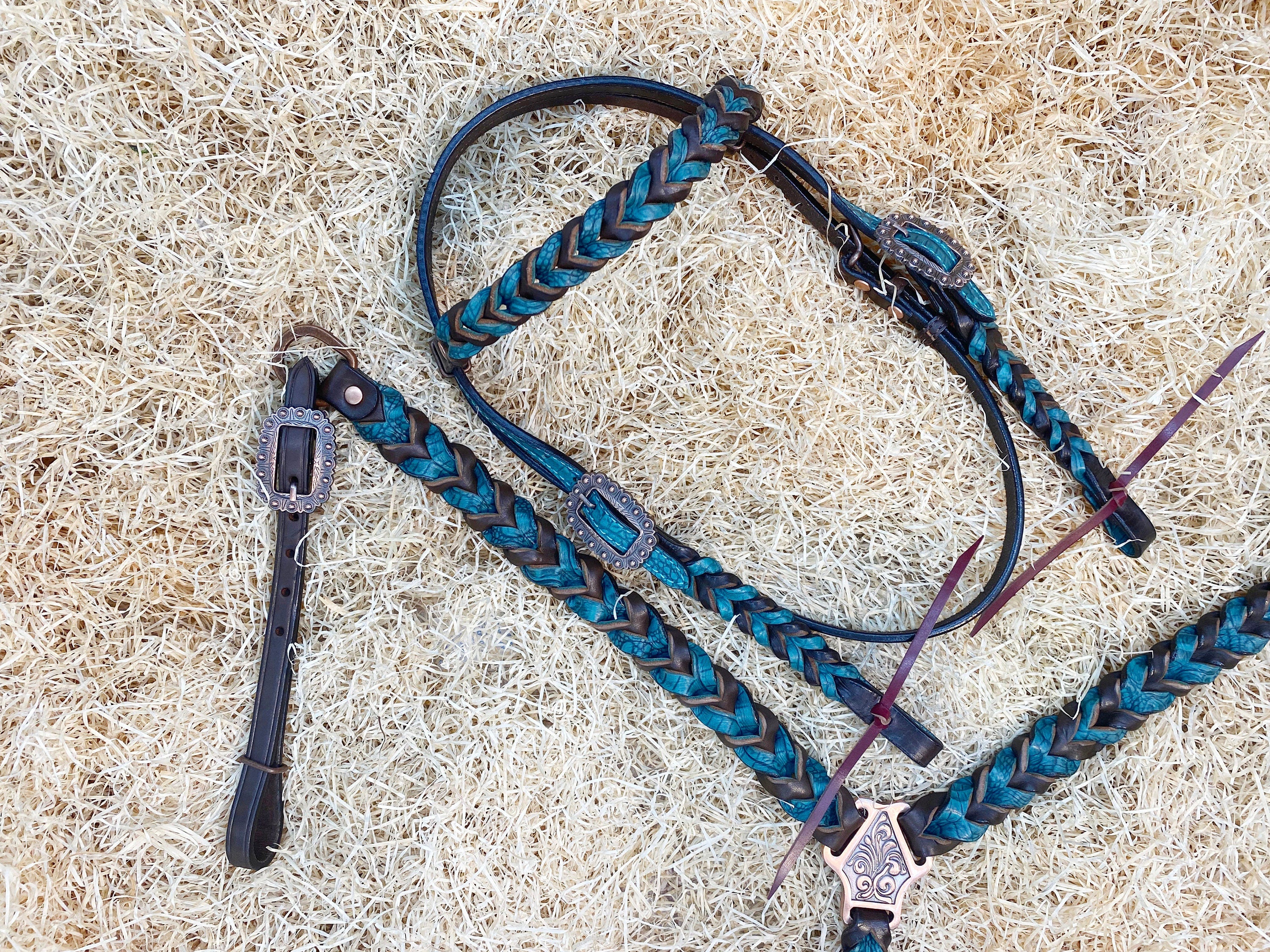 MOUSM Argentina Cow Leather Browband Headstall & Breast Collar Set – Western Horse Tack Set Decorated with Teal Alligator and Dark Brown Braiding