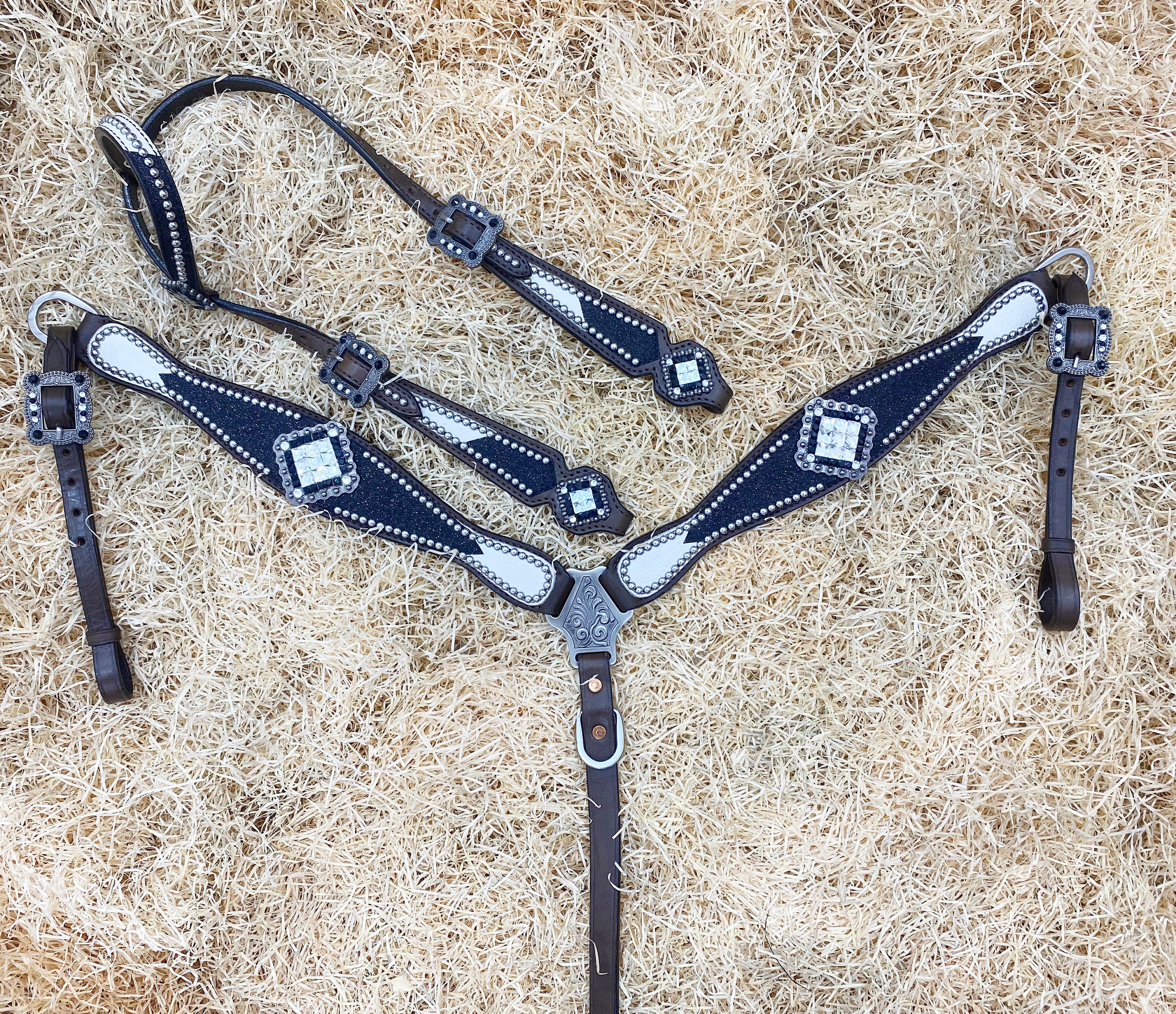 MOUSM Argentina Cow Leather Headstall & Breast Collar Set – Western Bridle with Black Glitter Print & Black-White Stones