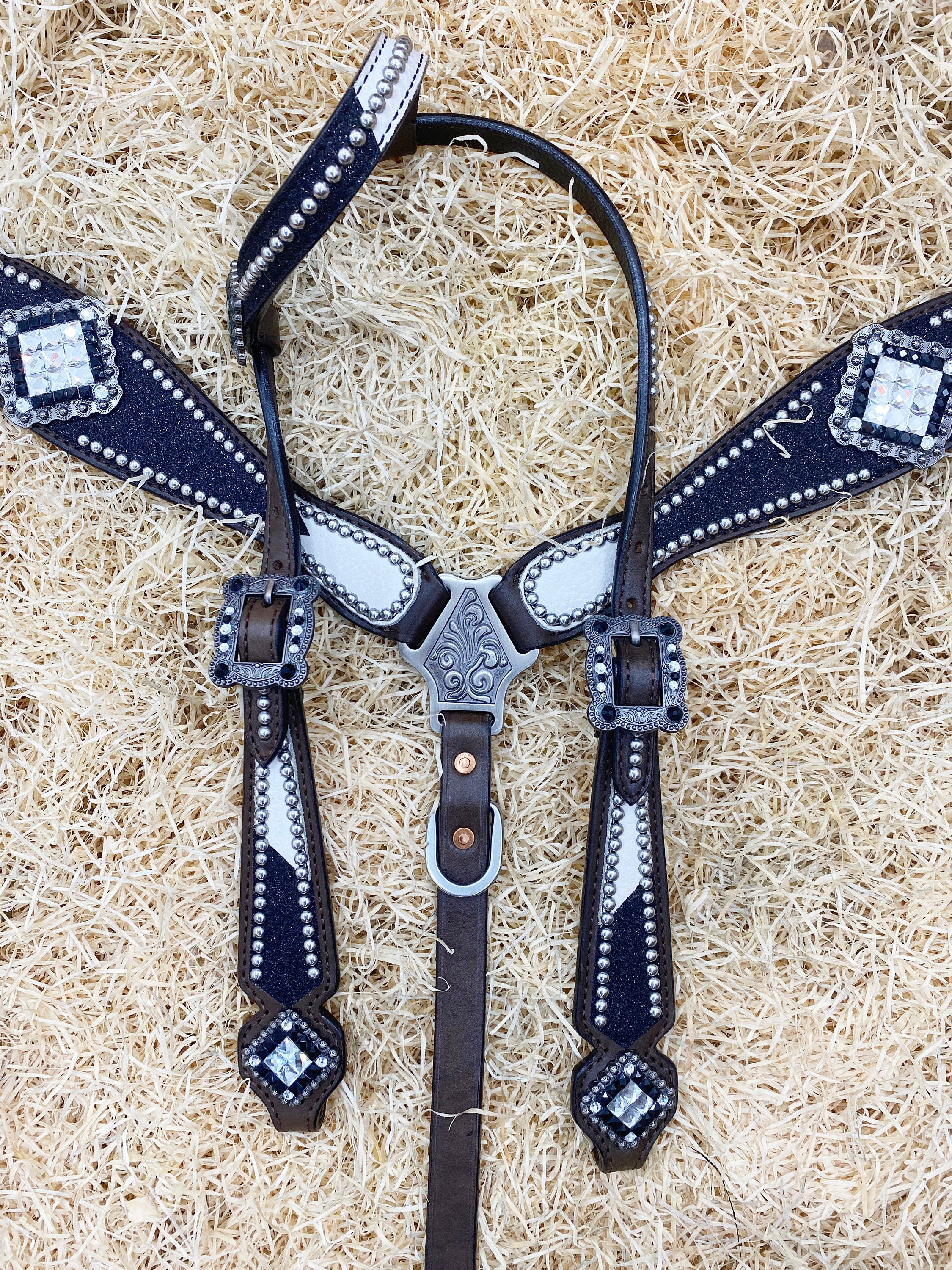 MOUSM Argentina Cow Leather Headstall & Breast Collar Set – Western Bridle with Black Glitter Print & Black-White Stones
