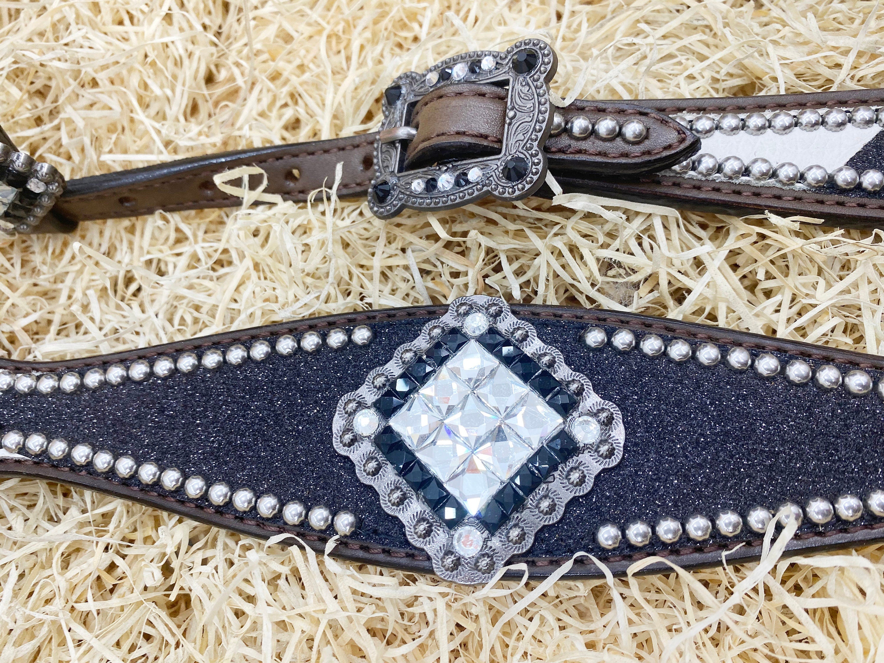 MOUSM Argentina Cow Leather Headstall & Breast Collar Set – Western Bridle with Black Glitter Print & Black-White Stones