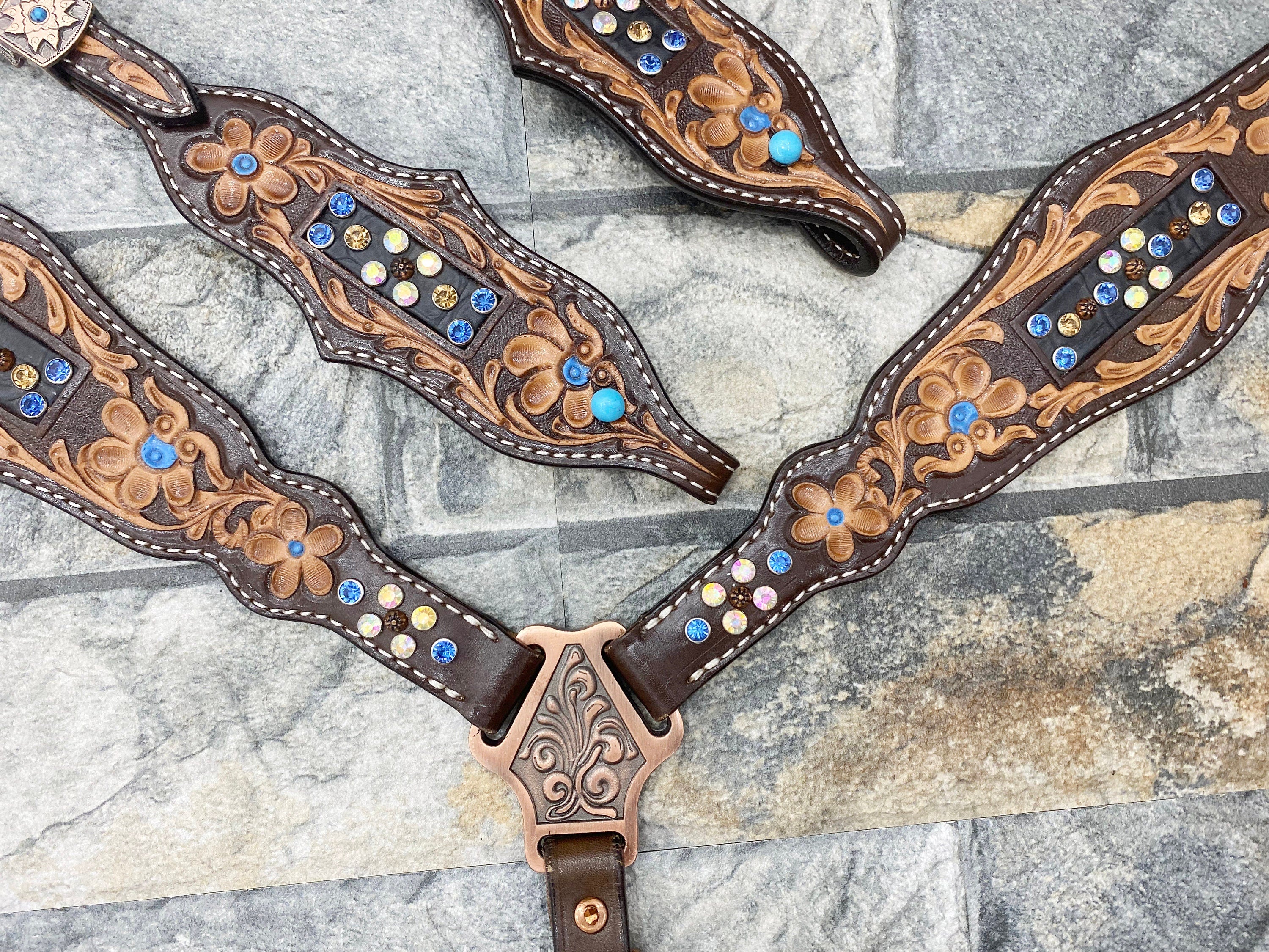 MOUSM Western Headstall & Breast Collar Set – Made with Argentina Cow Leather, Headstall for Horses Decorated with Flower Carving & Blue-White Rhinestones, Antique Copper Hardware