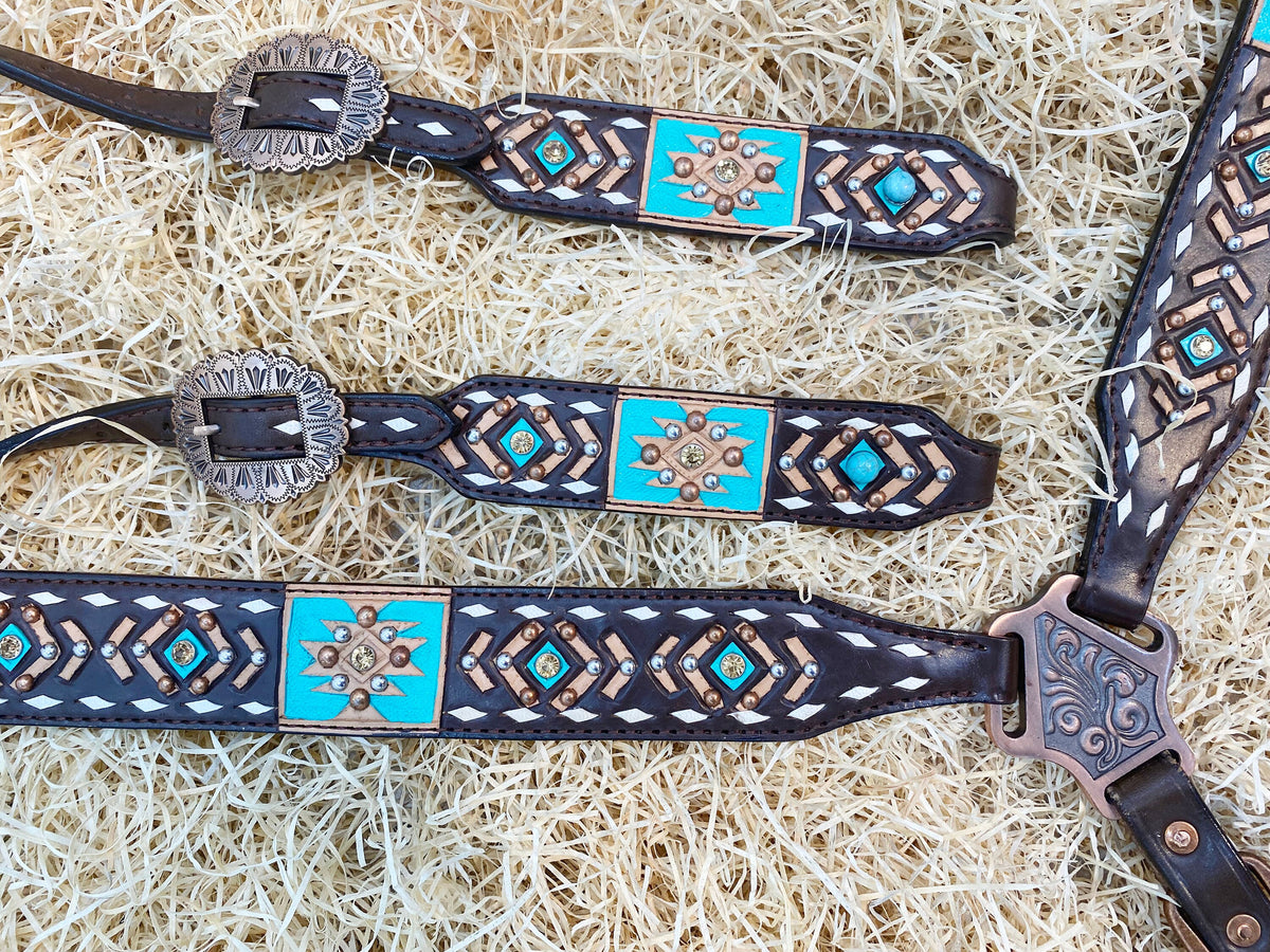 Aztec Tooling & White Rawhide Stitching Headstall Tack Set