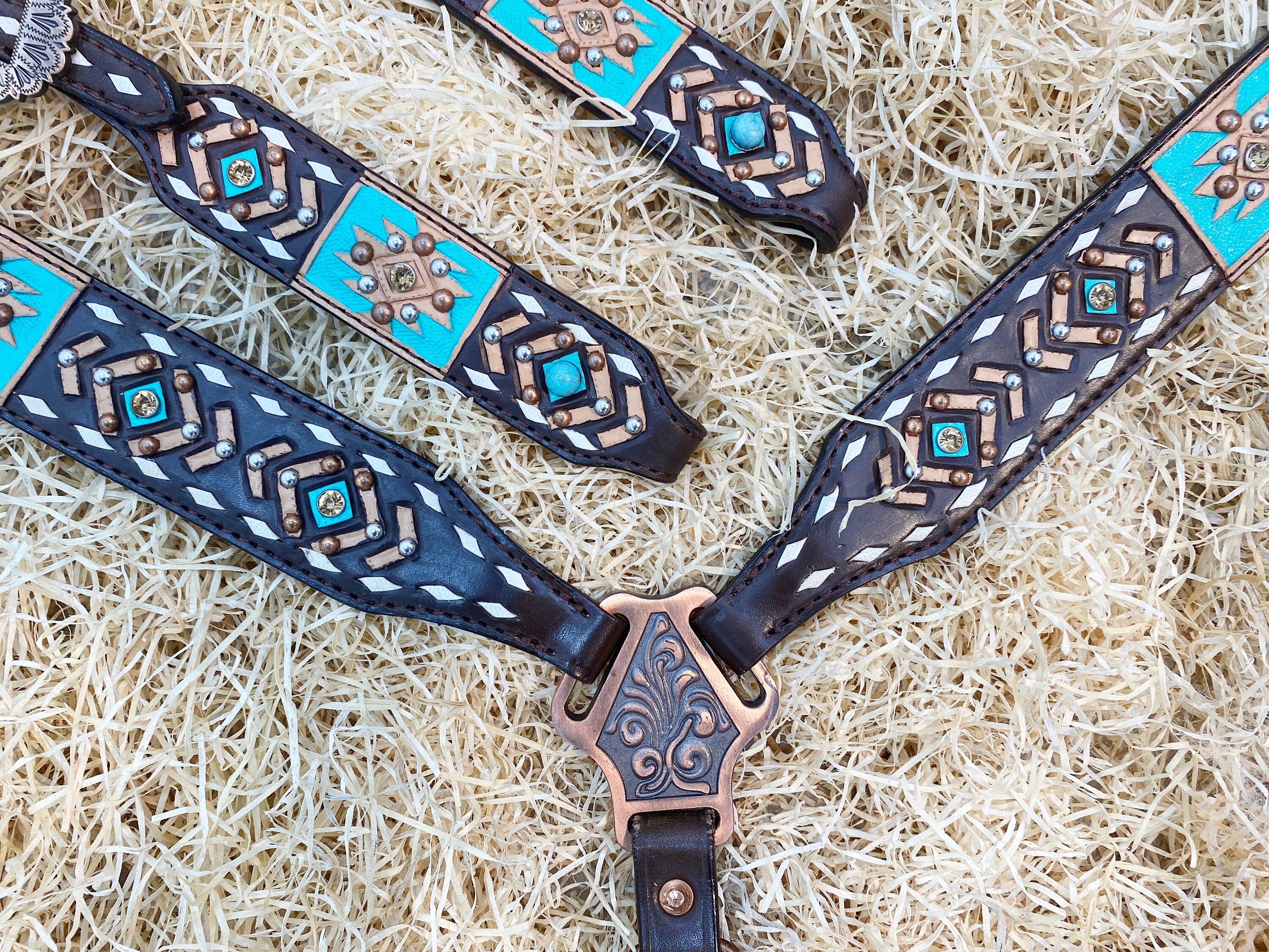 MOUSM Argentina Cow Leather Headstall & Breast Collar Set – Western Bridle Decorated with Aztec Tooling, White Buck Stitching