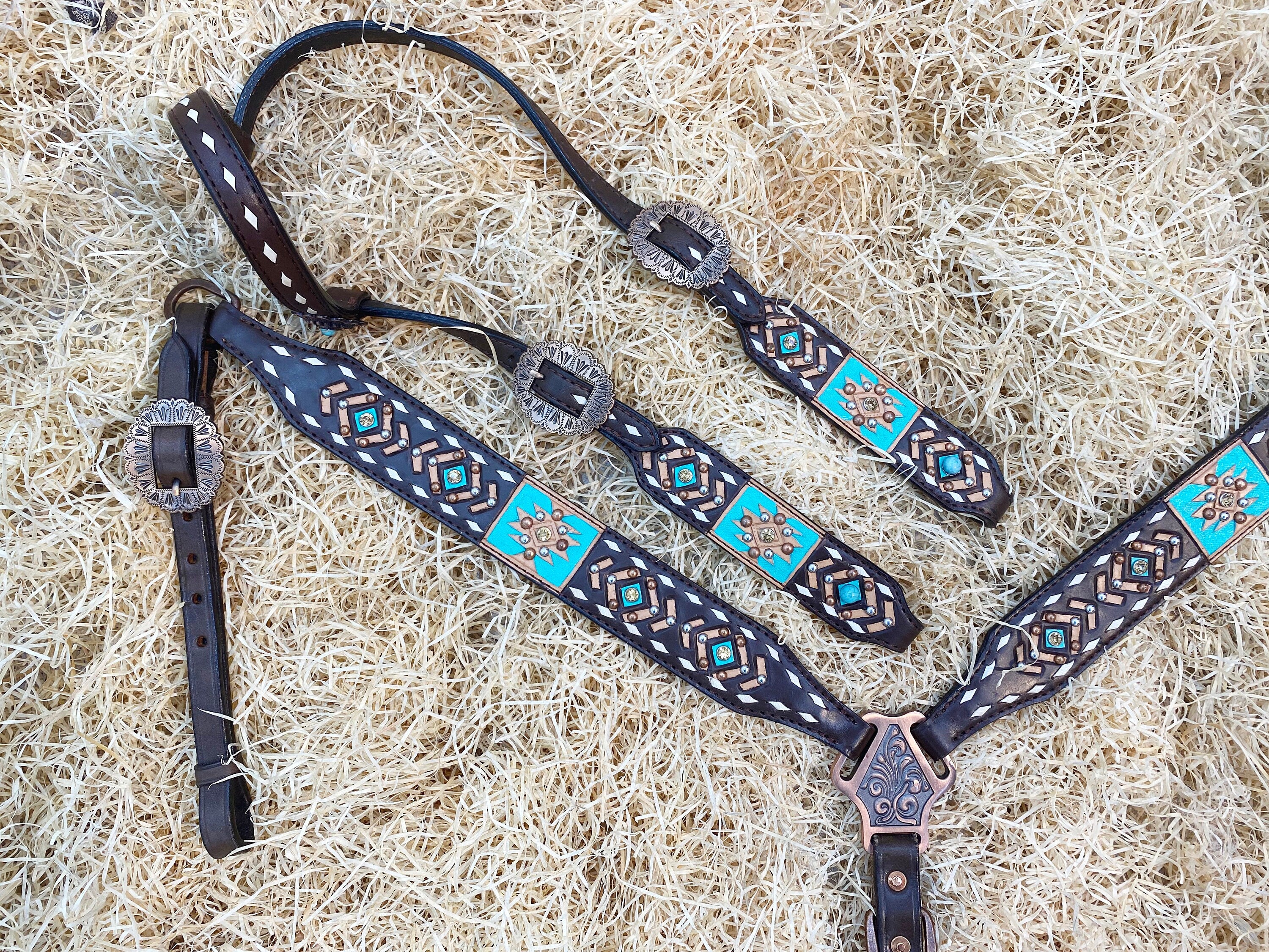 MOUSM Argentina Cow Leather Headstall & Breast Collar Set – Western Bridle Decorated with Aztec Tooling, White Buck Stitching