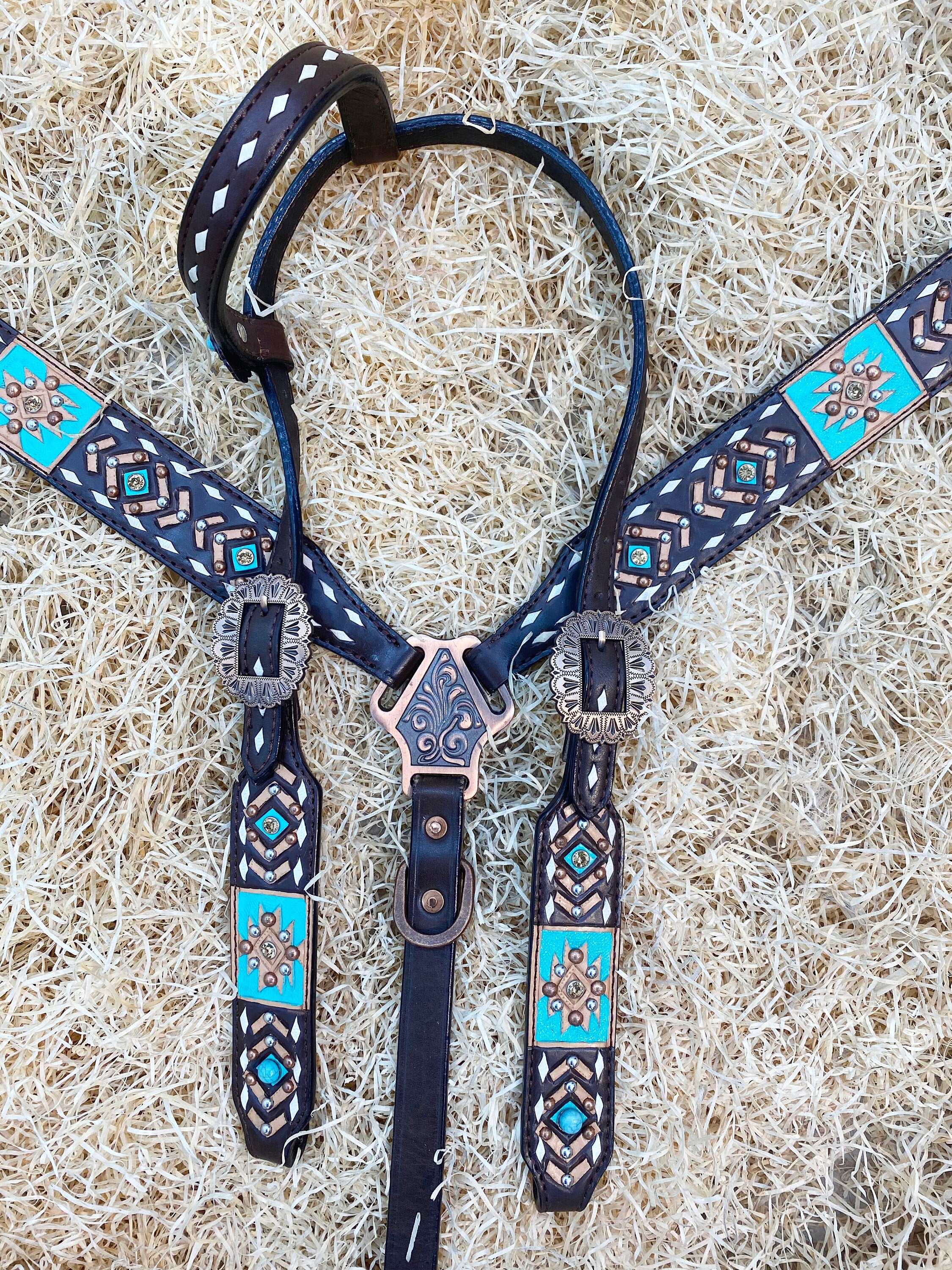 MOUSM Argentina Cow Leather Headstall & Breast Collar Set – Western Bridle Decorated with Aztec Tooling, White Buck Stitching