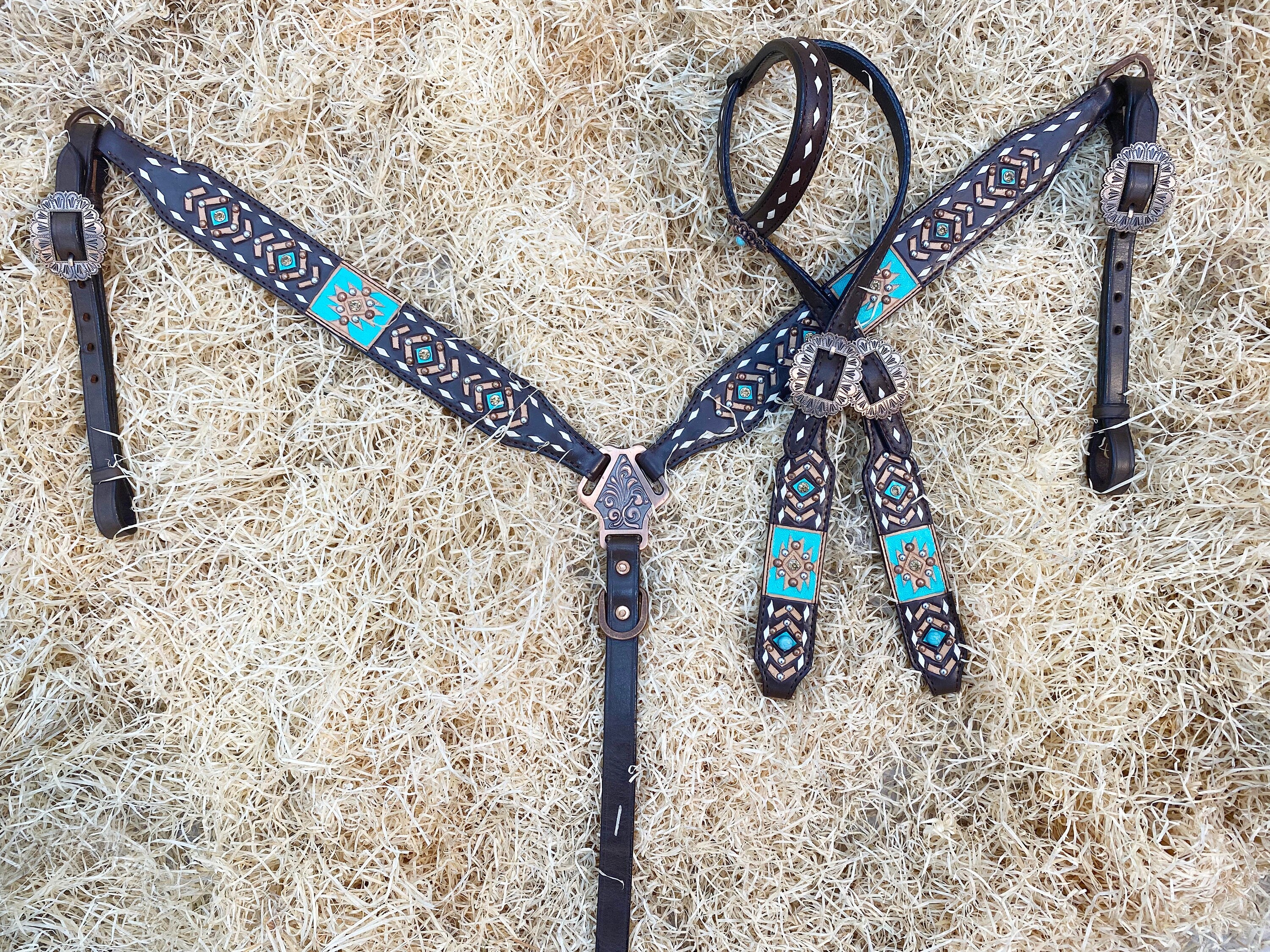 MOUSM Argentina Cow Leather Headstall & Breast Collar Set – Western Bridle Decorated with Aztec Tooling, White Buck Stitching