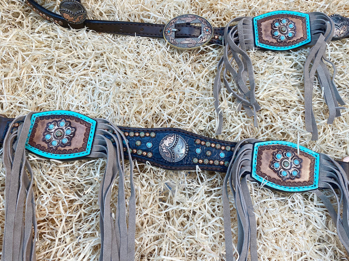 Carved Leather Patches with Beige Fringe Western Horse Tack Set