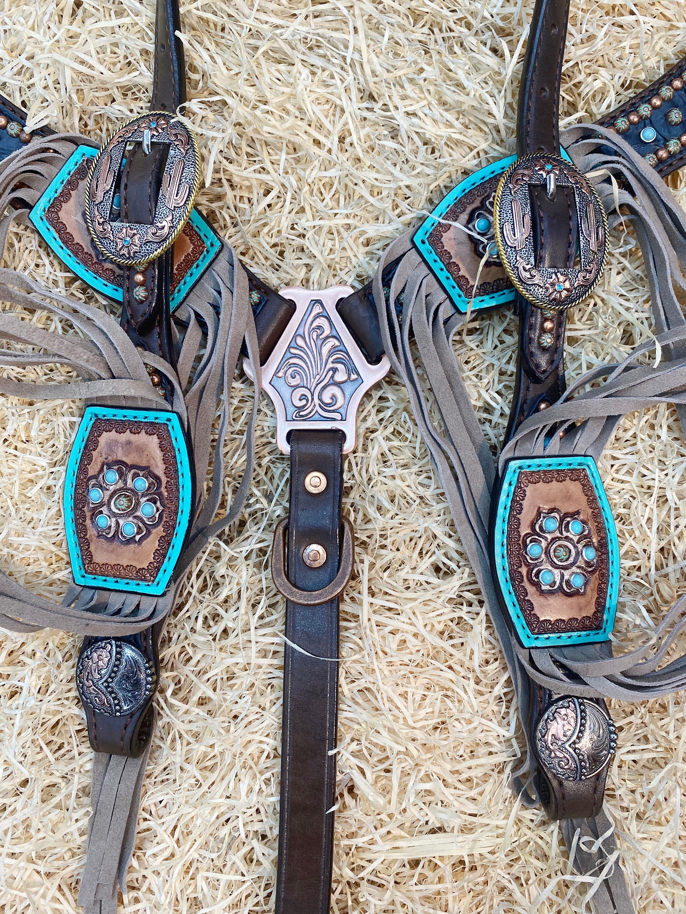 MOUSM Western Headstall & Breast Collar Set – Made with Argentina Cow Leather, Headstalls for Horses Decorated with Turquoise and Copper Studs, Carved Leather Patches with Beige Fringe