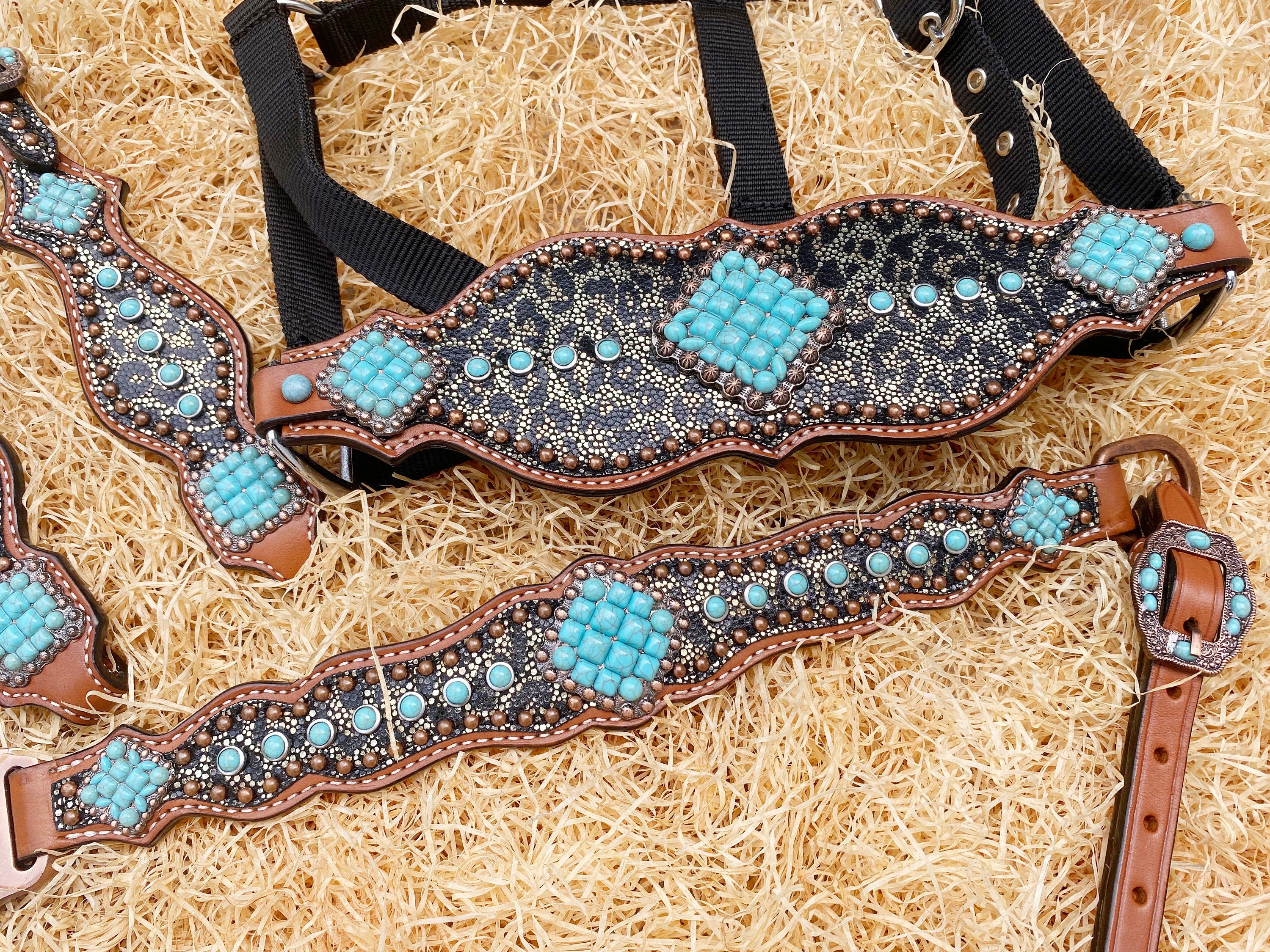 MOUSM Western Headstall & Breast Collar Set – Made with Argentina Cow Leather, Western Horse Tack Decorated with Leopard Print and Turquoise Stone Overlay, Antique Copper Hardware