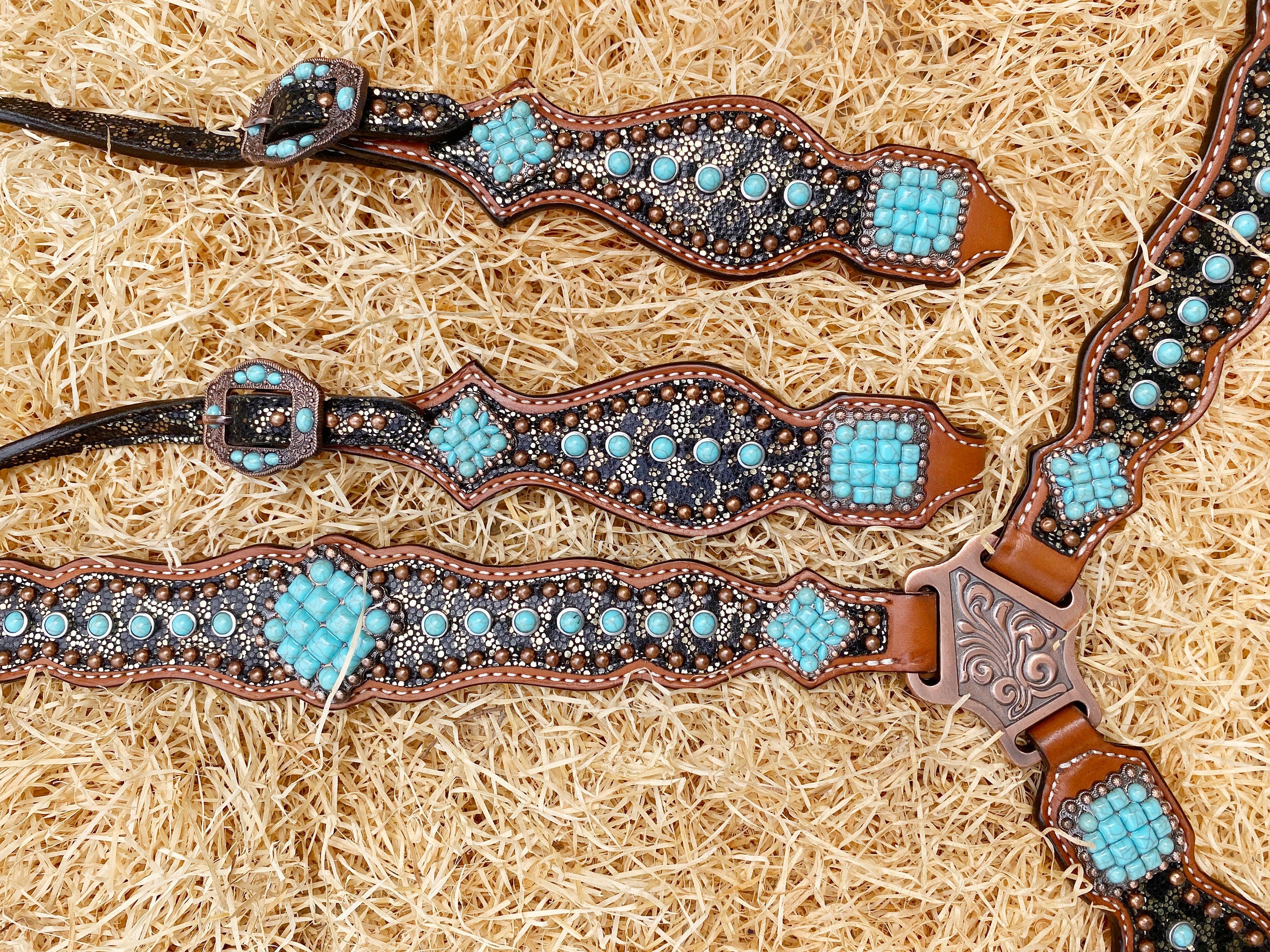 MOUSM Western Headstall & Breast Collar Set – Made with Argentina Cow Leather, Western Horse Tack Decorated with Leopard Print and Turquoise Stone Overlay, Antique Copper Hardware