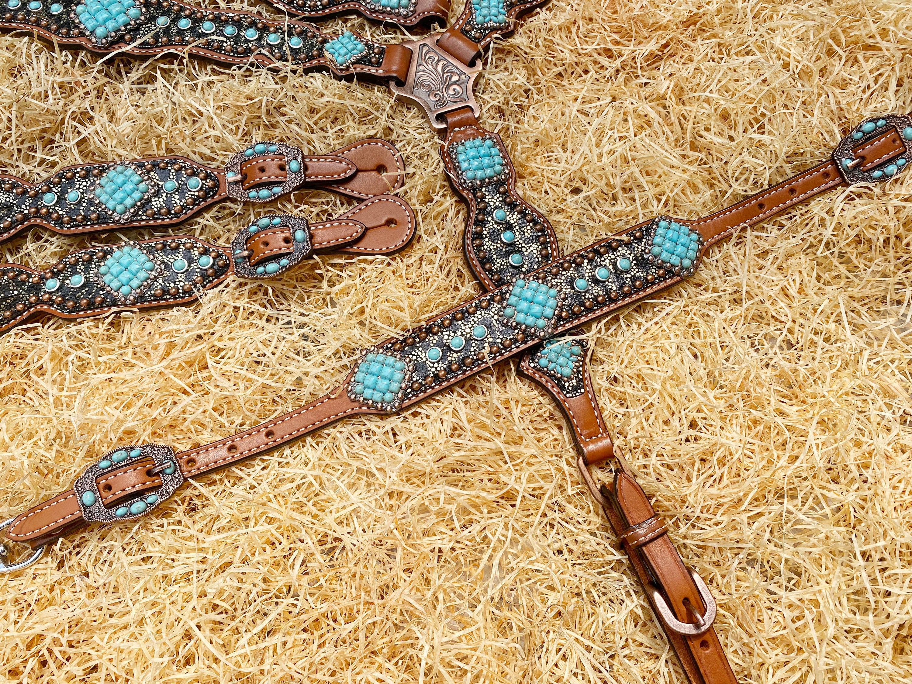 MOUSM Western Headstall & Breast Collar Set – Made with Argentina Cow Leather, Western Horse Tack Decorated with Leopard Print and Turquoise Stone Overlay, Antique Copper Hardware