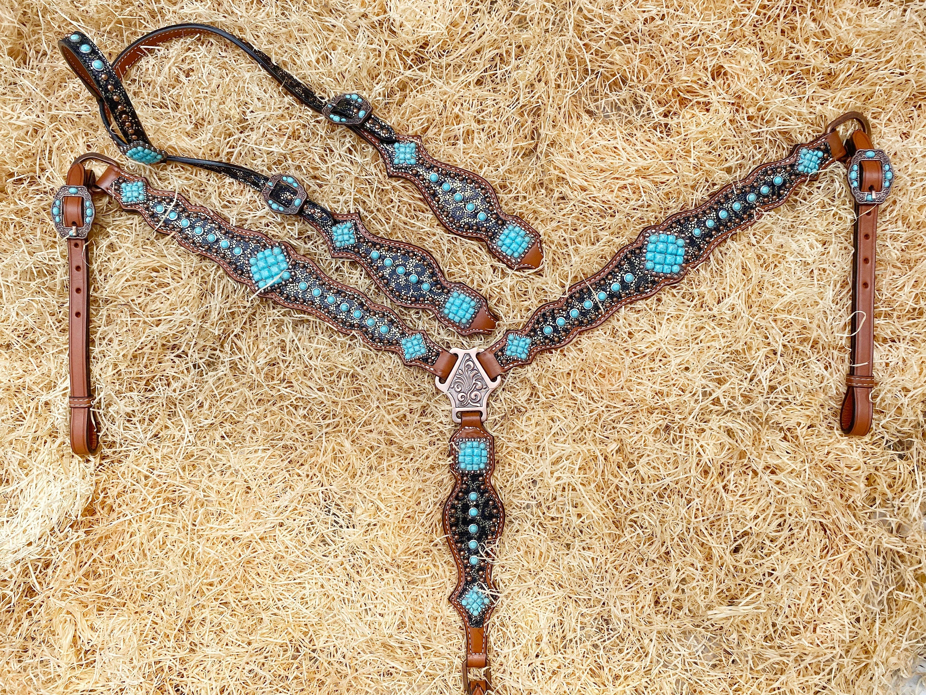 MOUSM Western Headstall & Breast Collar Set – Made with Argentina Cow Leather, Western Horse Tack Decorated with Leopard Print and Turquoise Stone Overlay, Antique Copper Hardware