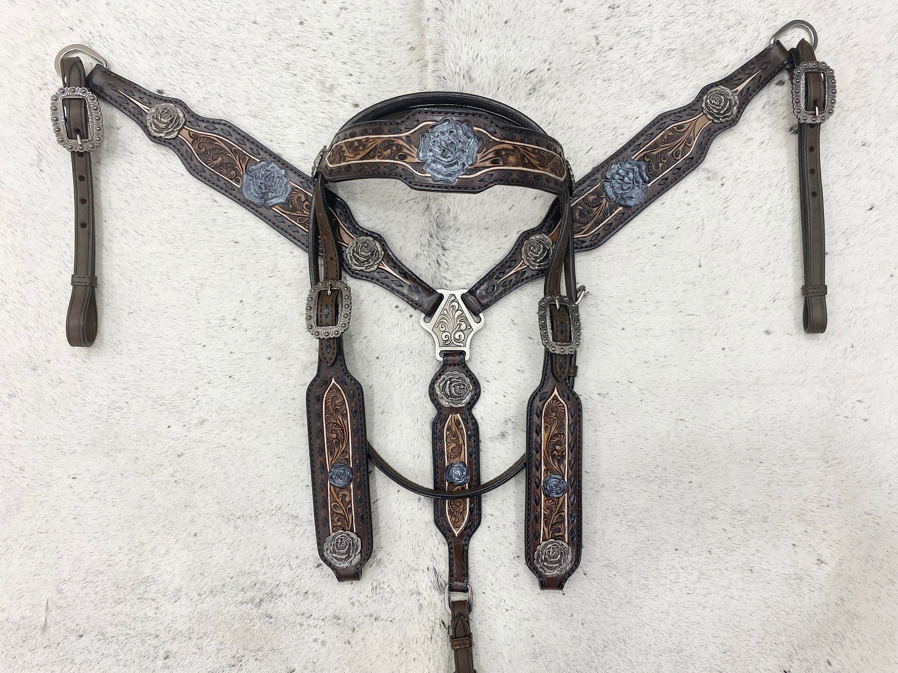 MOUSM Argentina Cow Leather Western Horse Tack Set – Browband Headstall & Breast Collar, Bronc Halter, Wither & Spur Straps, Decorated with Black Buck Stitching, Rose Hardware & Hand-Carved Detailing