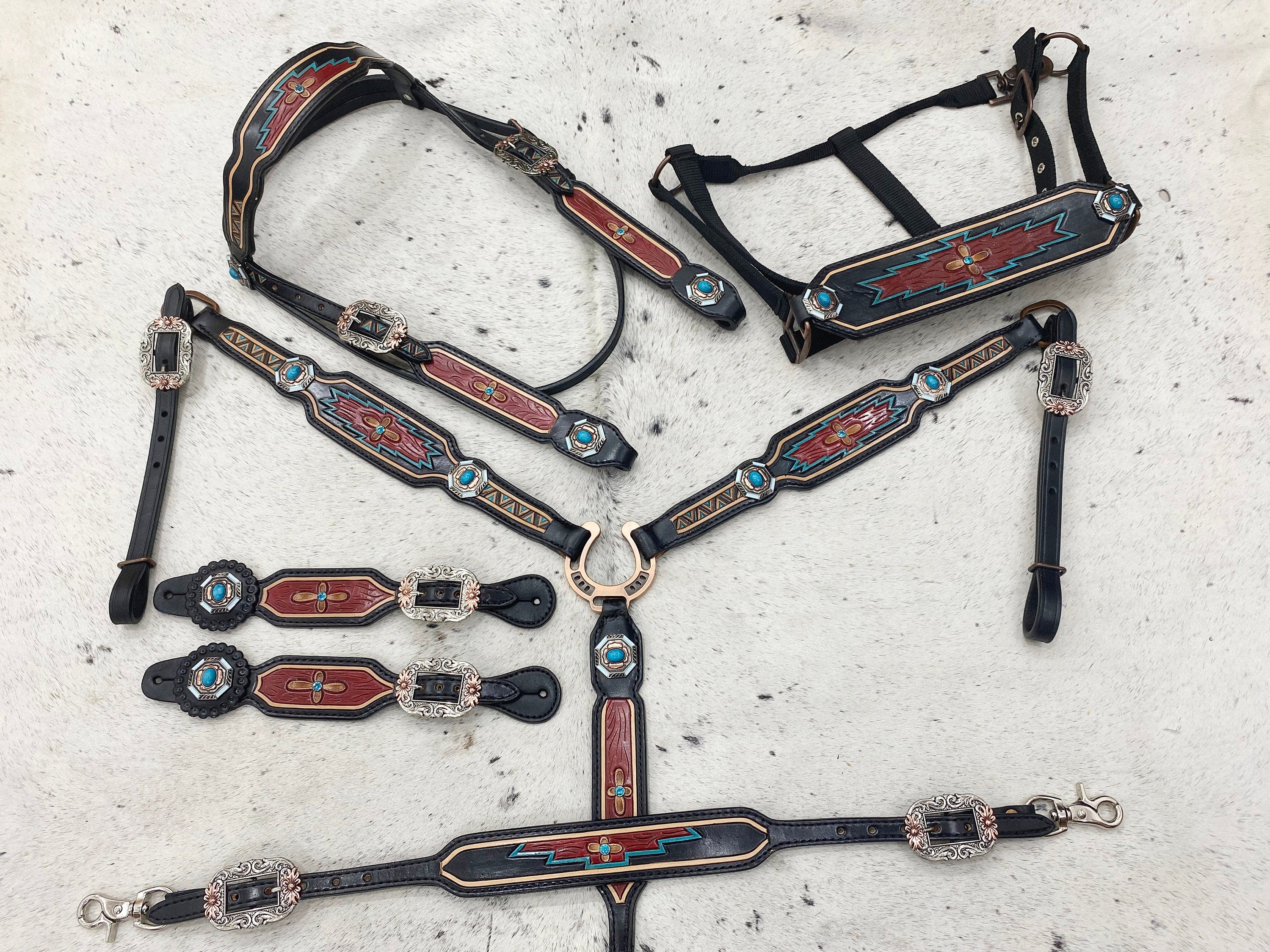 MOUSM Argentina Cow Leather Western Horse Tack Set – Browband Headstall & Breast Collar, Bronc Halter, Wither & Spur Straps, Decorated with Hand-Tooled Carving, Multicolor Conchos & Antique Copper Hardware