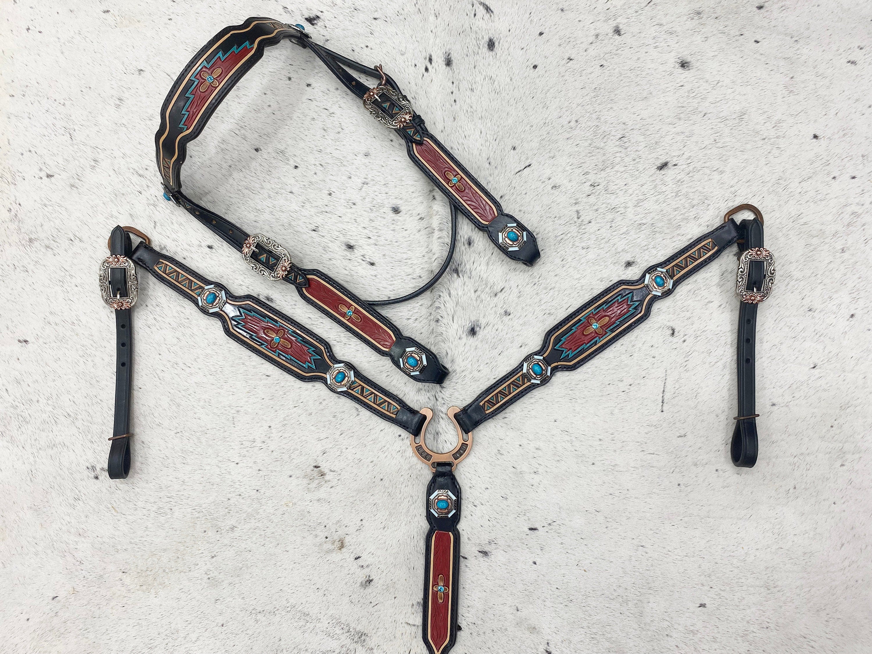 MOUSM Argentina Cow Leather Western Horse Tack Set – Browband Headstall & Breast Collar, Bronc Halter, Wither & Spur Straps, Decorated with Hand-Tooled Carving, Multicolor Conchos & Antique Copper Hardware