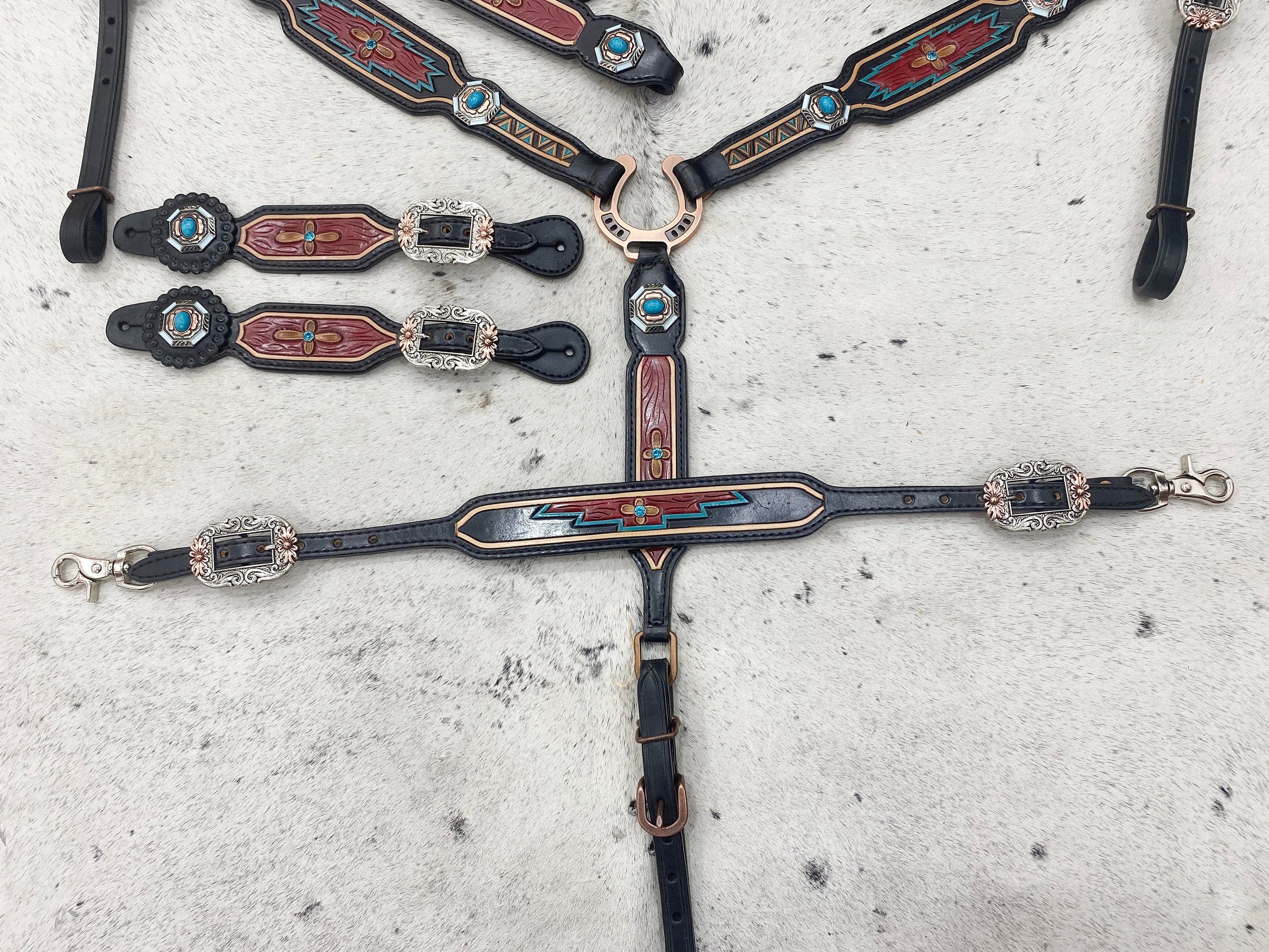 MOUSM Argentina Cow Leather Western Horse Tack Set – Browband Headstall & Breast Collar, Bronc Halter, Wither & Spur Straps, Decorated with Hand-Tooled Carving, Multicolor Conchos & Antique Copper Hardware