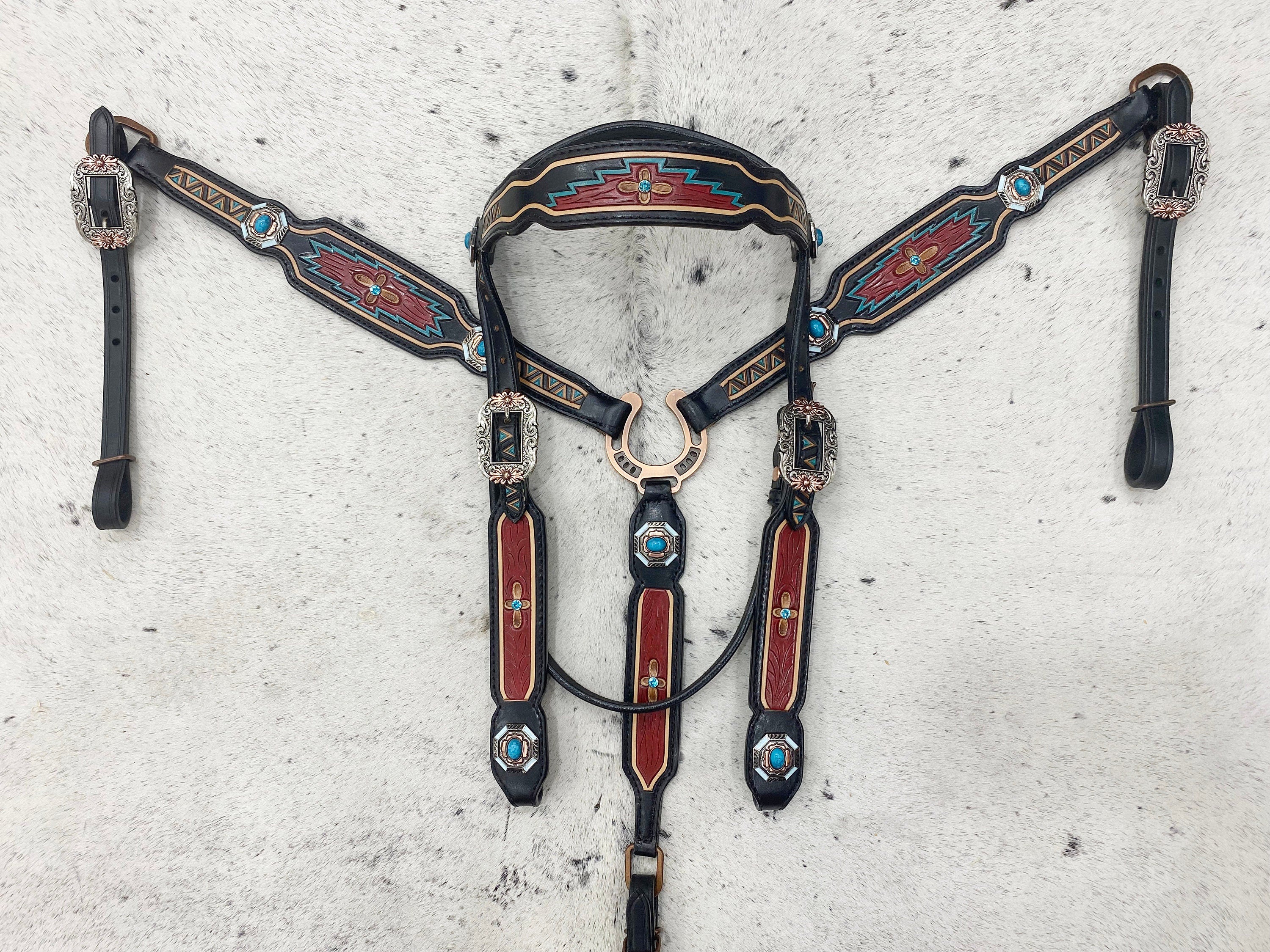 MOUSM Argentina Cow Leather Western Horse Tack Set – Browband Headstall & Breast Collar, Bronc Halter, Wither & Spur Straps, Decorated with Hand-Tooled Carving, Multicolor Conchos & Antique Copper Hardware