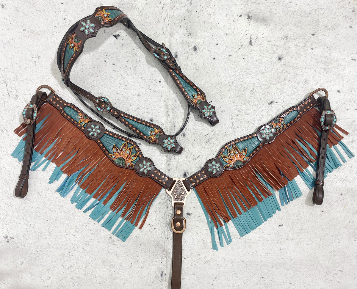 Tan Fringe & Sunflower Carving Complete Alligator Horse Tack Set