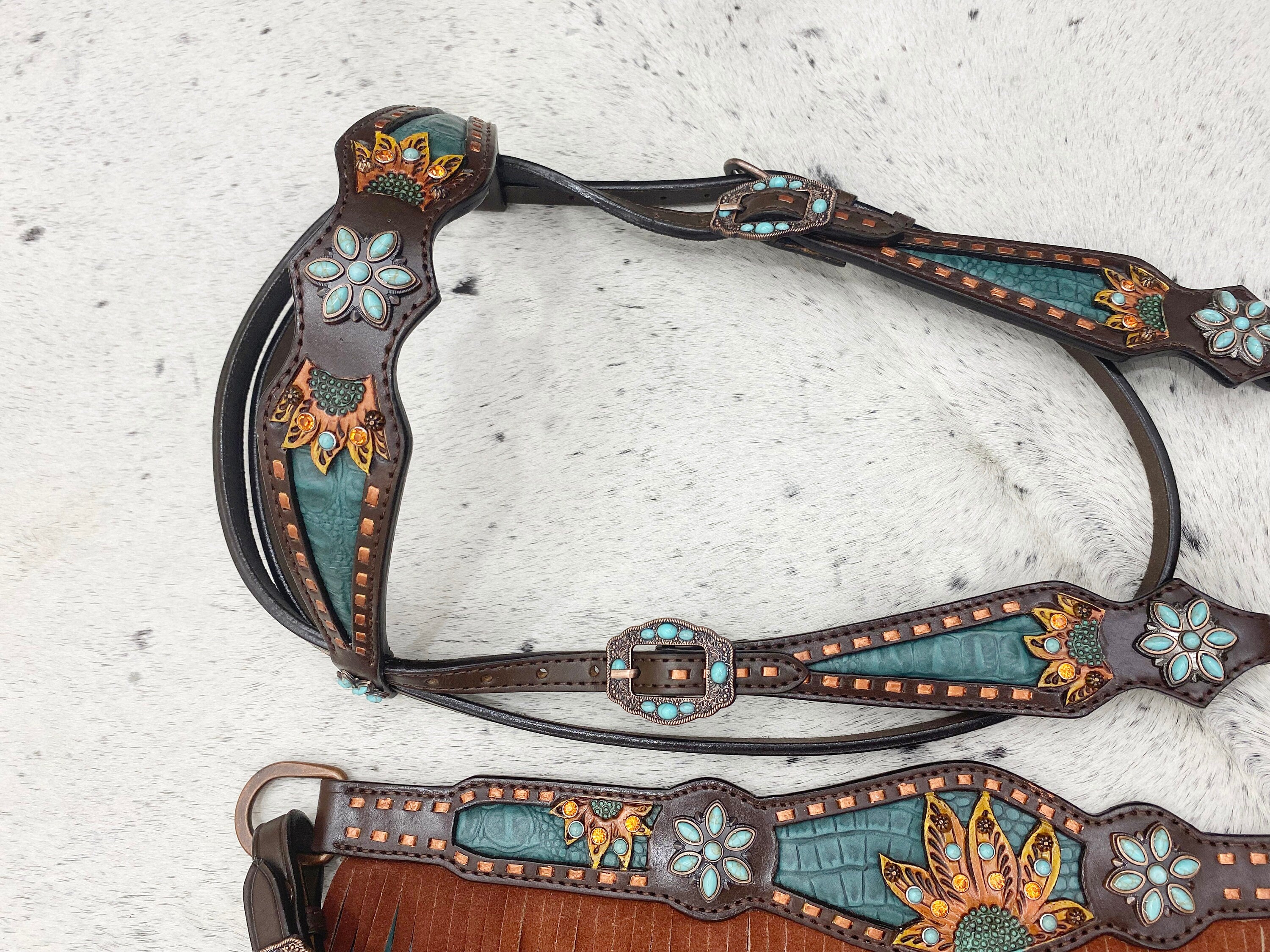 MOUSM Argentina Cow Leather Western Horse Tack Collection – Browband Headstall & Breast Collar, Bronc Halter, Wither & Spur Straps, Decorated with Sunflower Carving, Teal Snake Pattern Inlay and Turquoise Stone, Turquoise/Tan Fringe