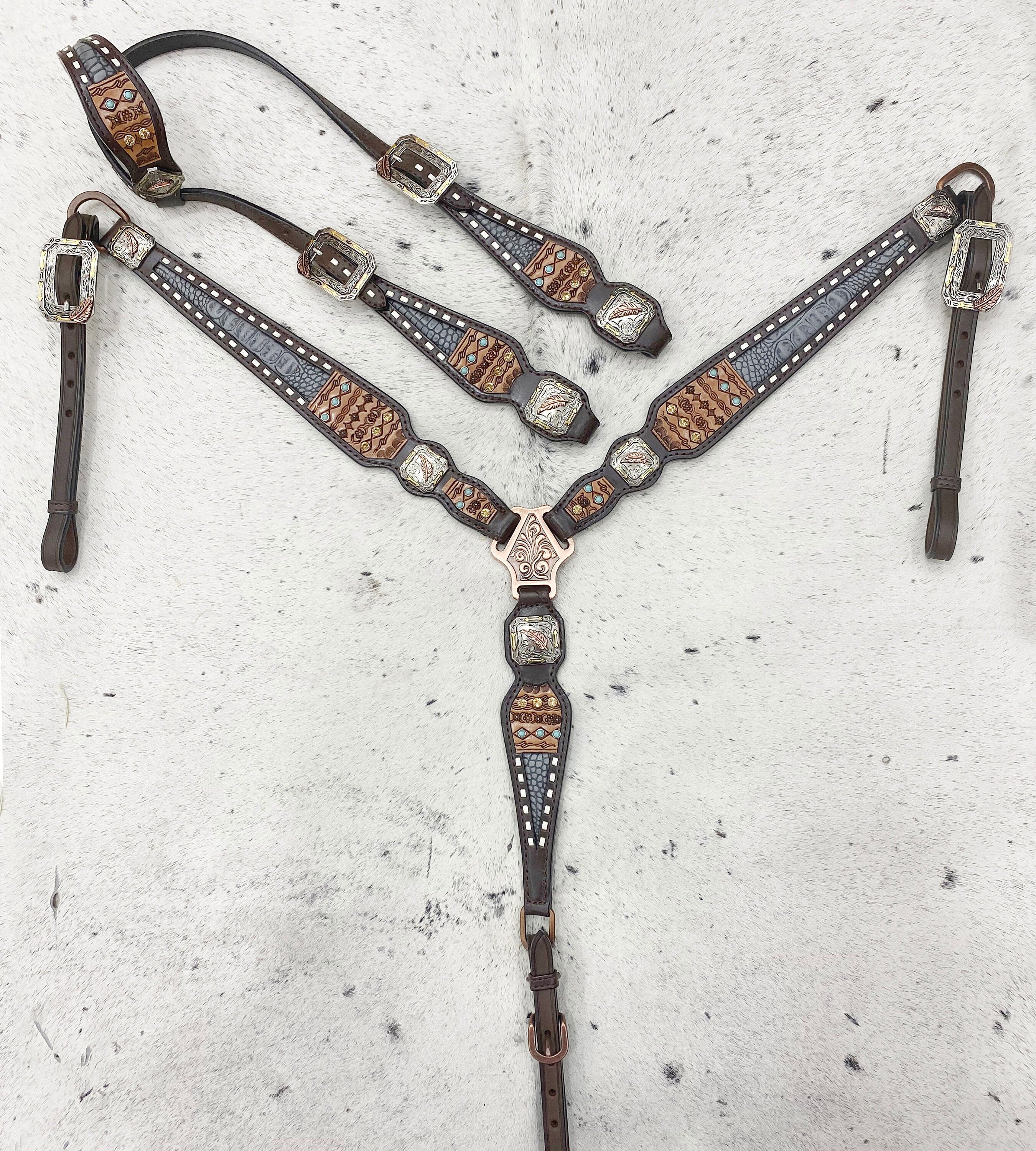 MOUSM Argentina Cow Leather Western Horse Tack Collection – Western Bridles and Headstalls Decorated with Geometrical Tooling, Rawhide Braiding & Grey Alligator Print
