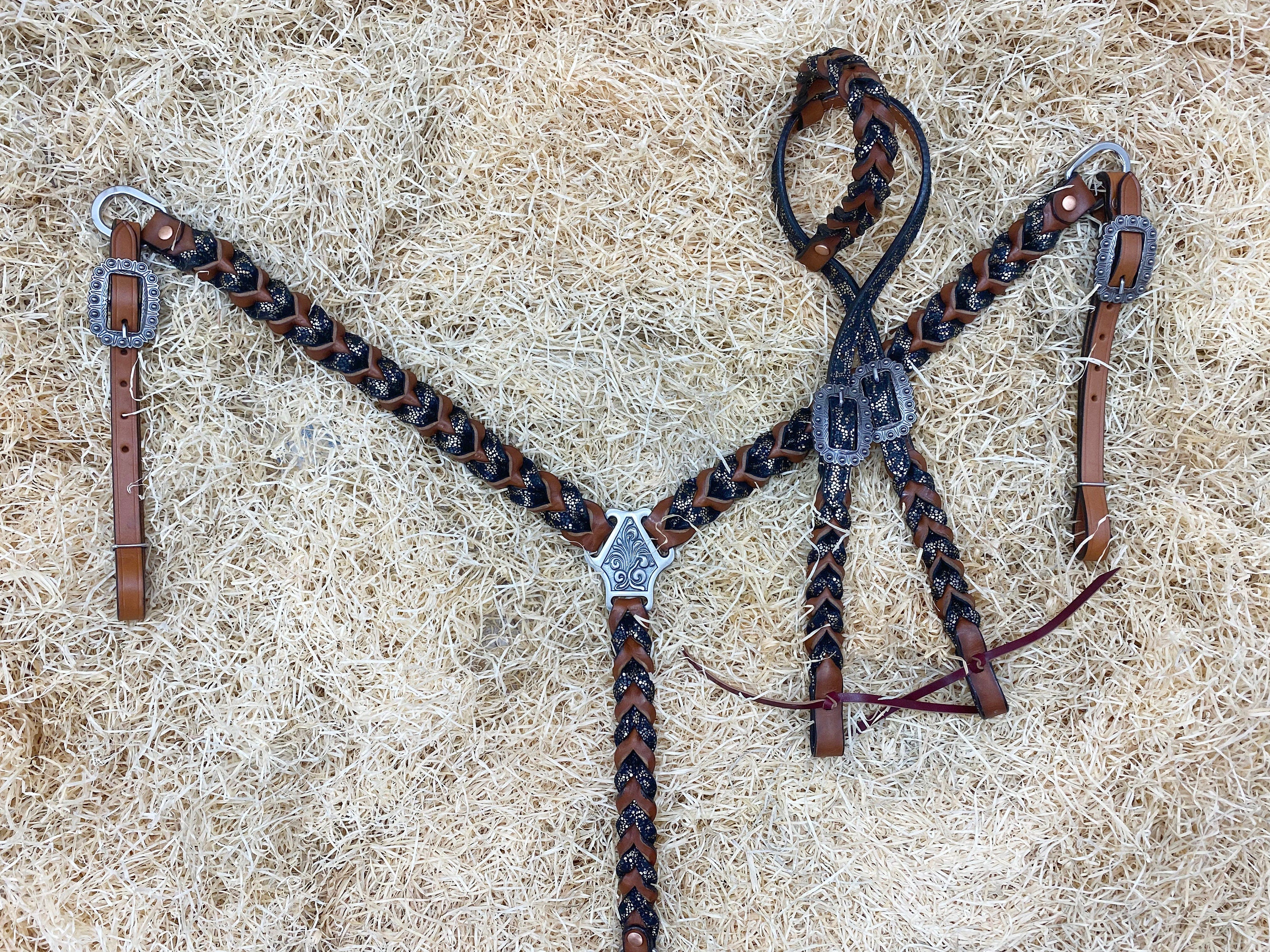 MOUSM Argentina Cow Leather Bridle & Breast Collar Set – Western Headstall for Horses Decorated with Teal Alligator and Dark Brown Braiding, Antique Copper Hardware