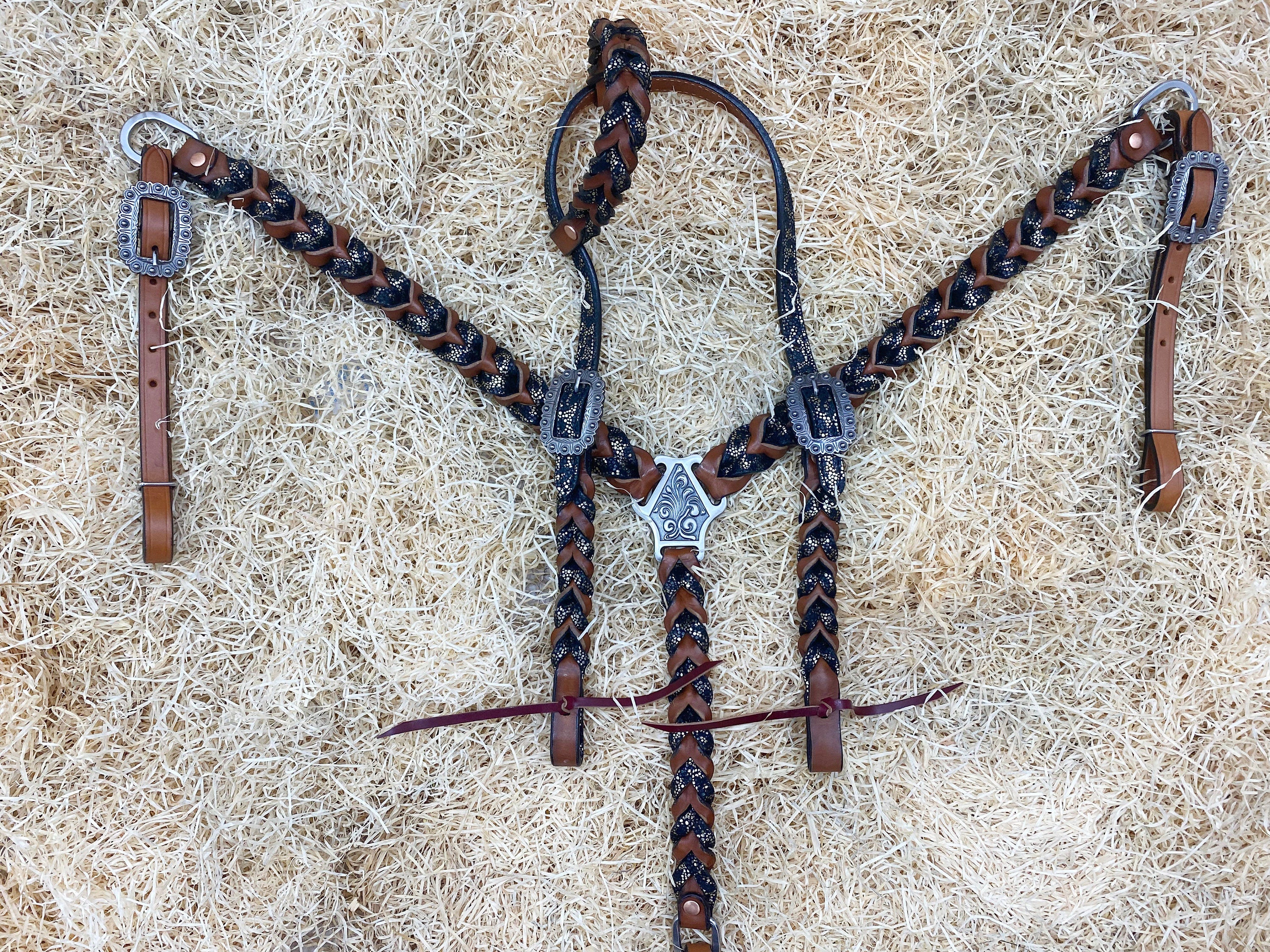 MOUSM Argentina Cow Leather Bridle & Breast Collar Set – Western Headstall for Horses Decorated with Teal Alligator and Dark Brown Braiding, Antique Copper Hardware