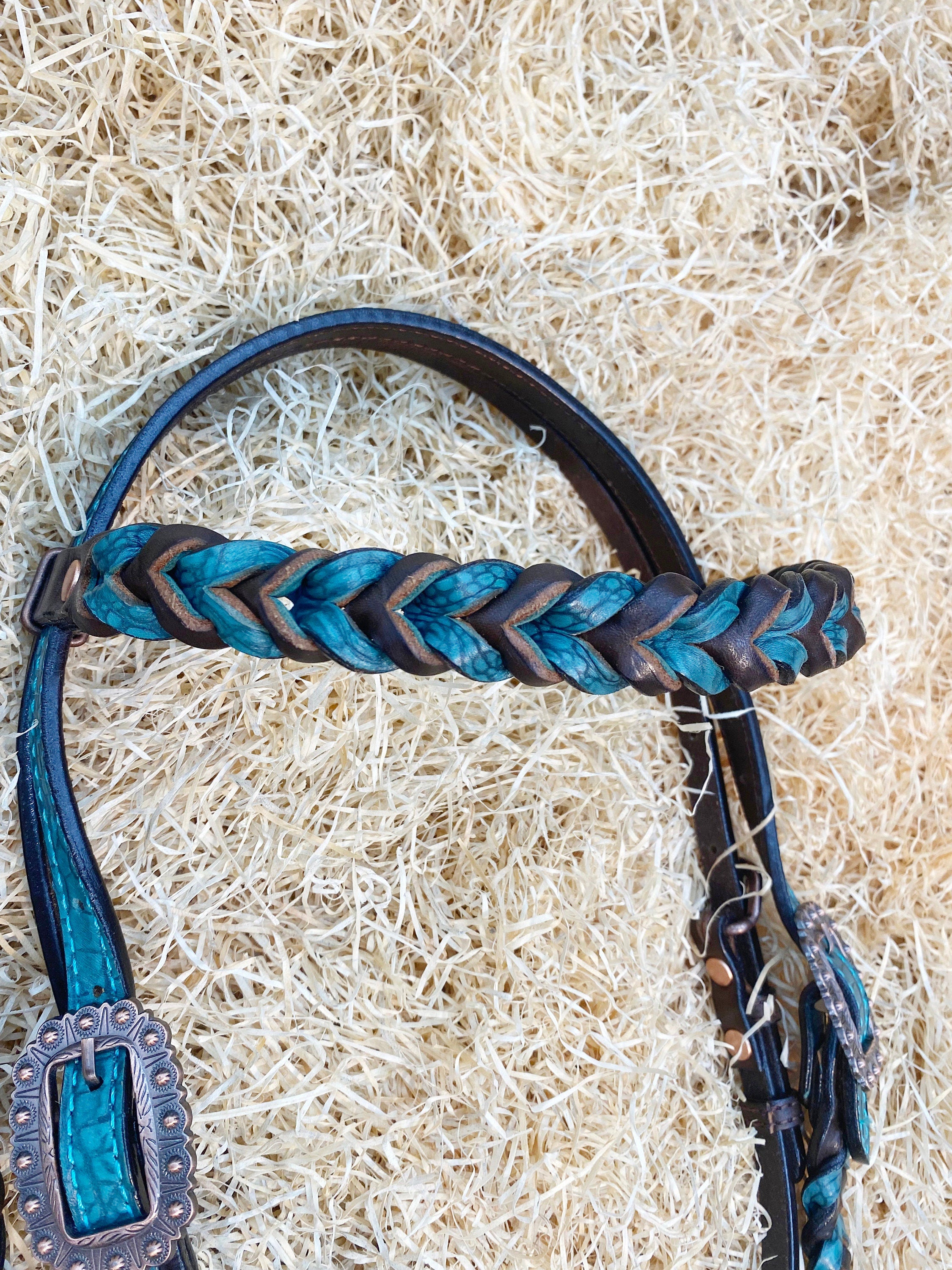 MOUSM Argentina Cow Leather Browband Headstall & Breast Collar Set – Western Horse Tack Set Decorated with Teal Alligator and Dark Brown Braiding