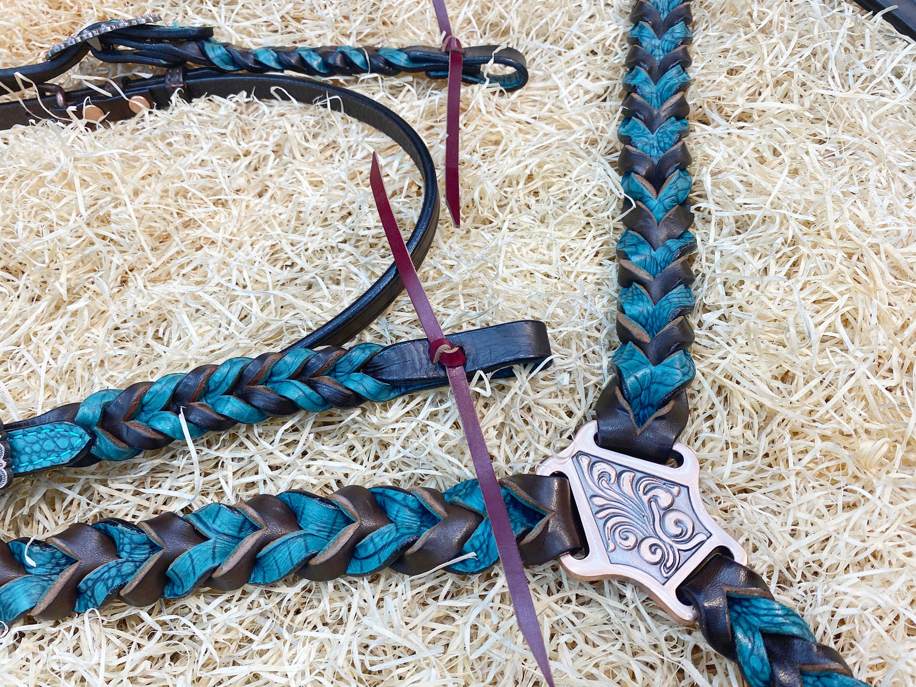 MOUSM Argentina Cow Leather Browband Headstall & Breast Collar Set – Western Horse Tack Set Decorated with Teal Alligator and Dark Brown Braiding