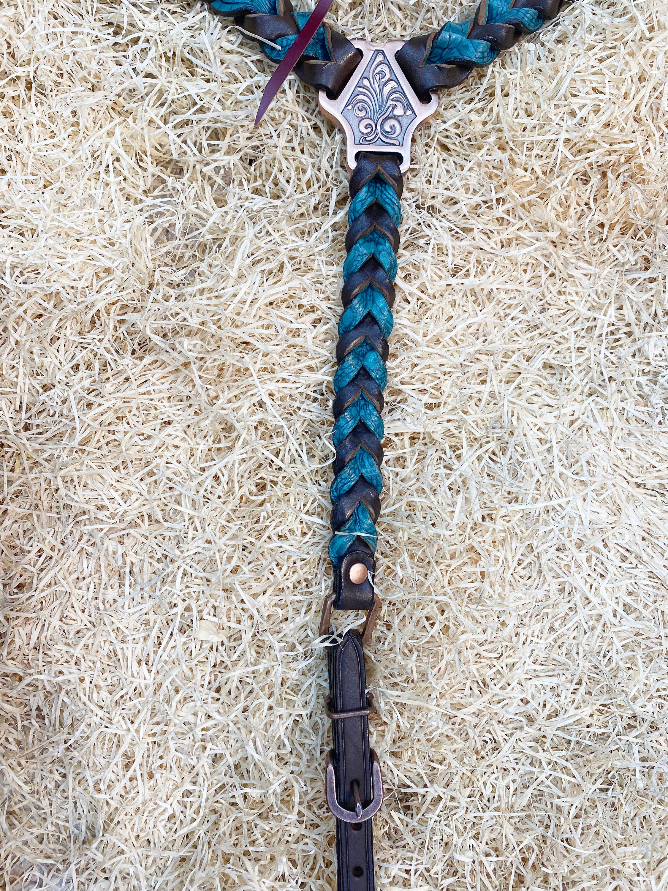 MOUSM Argentina Cow Leather Browband Headstall & Breast Collar Set – Western Horse Tack Set Decorated with Teal Alligator and Dark Brown Braiding