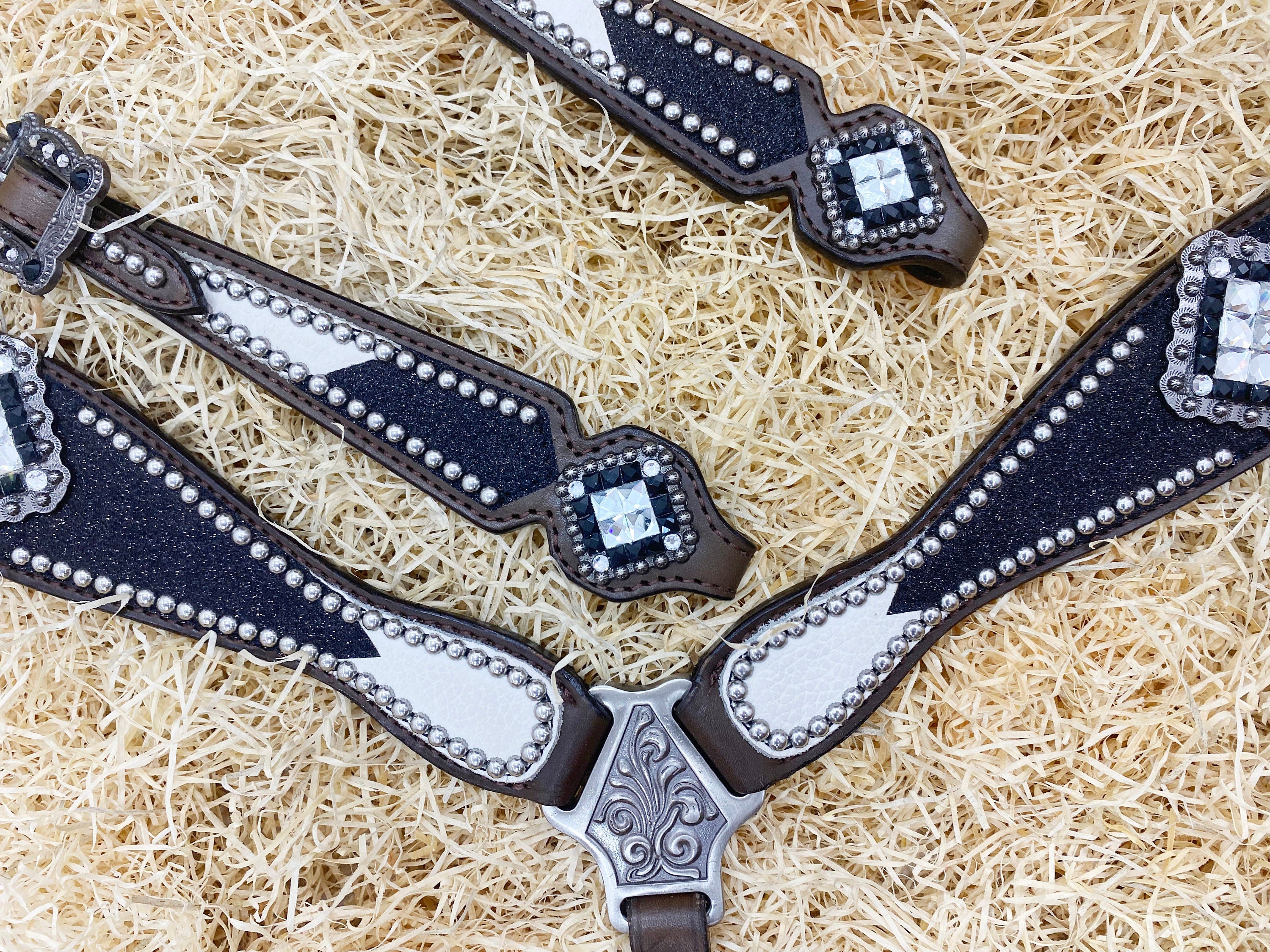 MOUSM Argentina Cow Leather Headstall & Breast Collar Set – Western Bridle with Black Glitter Print & Black-White Stones