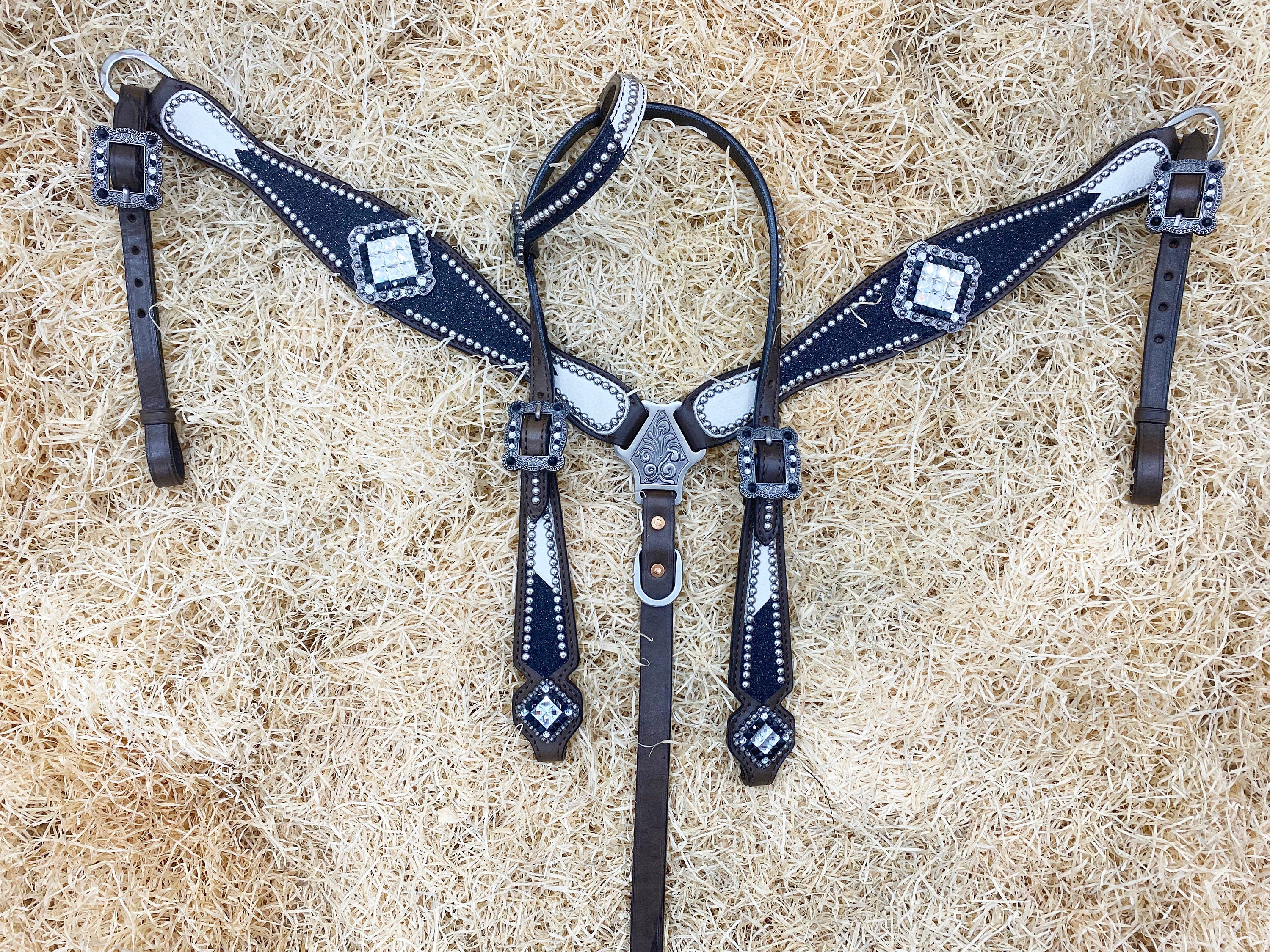 MOUSM Argentina Cow Leather Headstall & Breast Collar Set – Western Bridle with Black Glitter Print & Black-White Stones