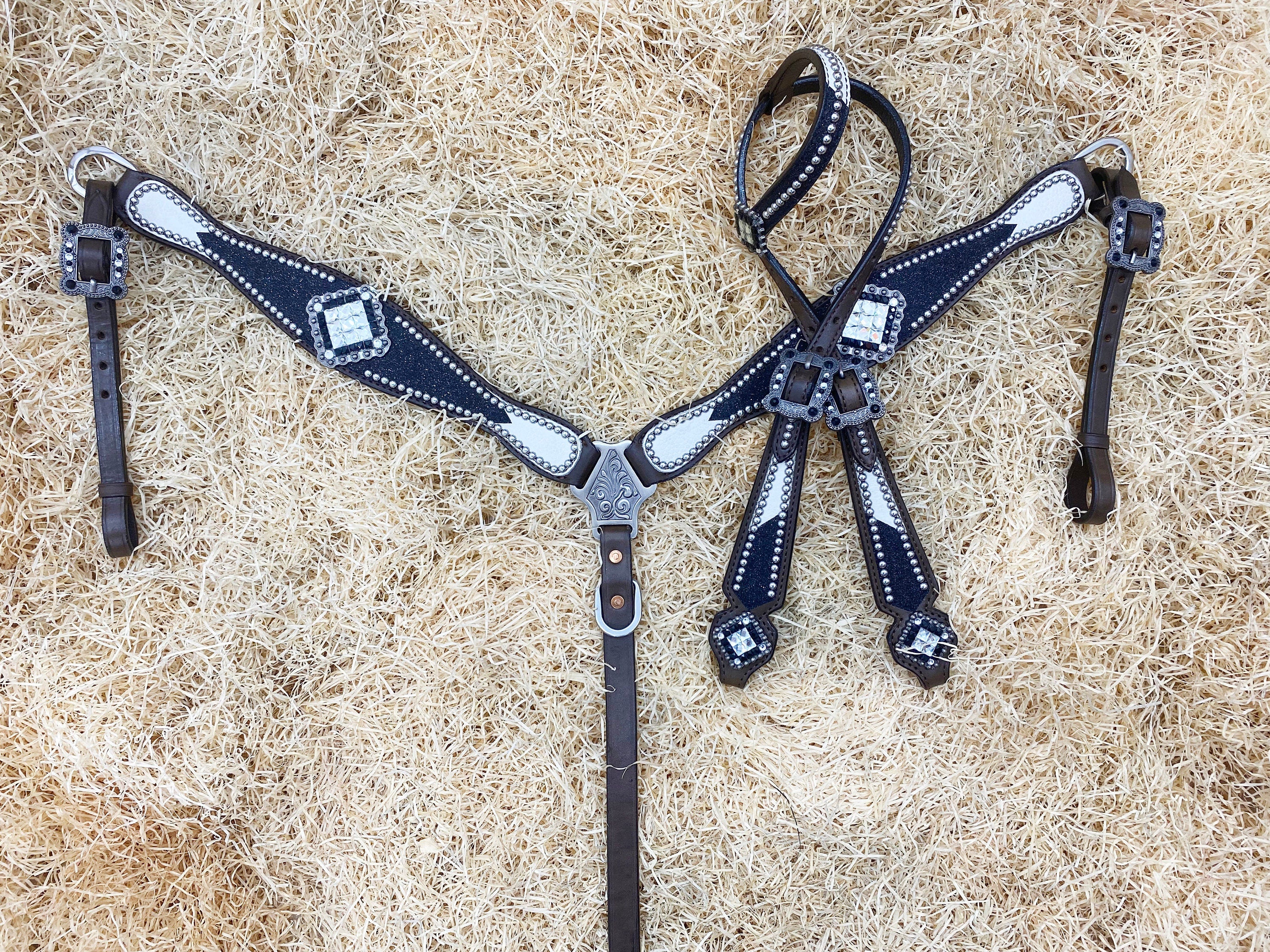 MOUSM Argentina Cow Leather Headstall & Breast Collar Set – Western Bridle with Black Glitter Print & Black-White Stones