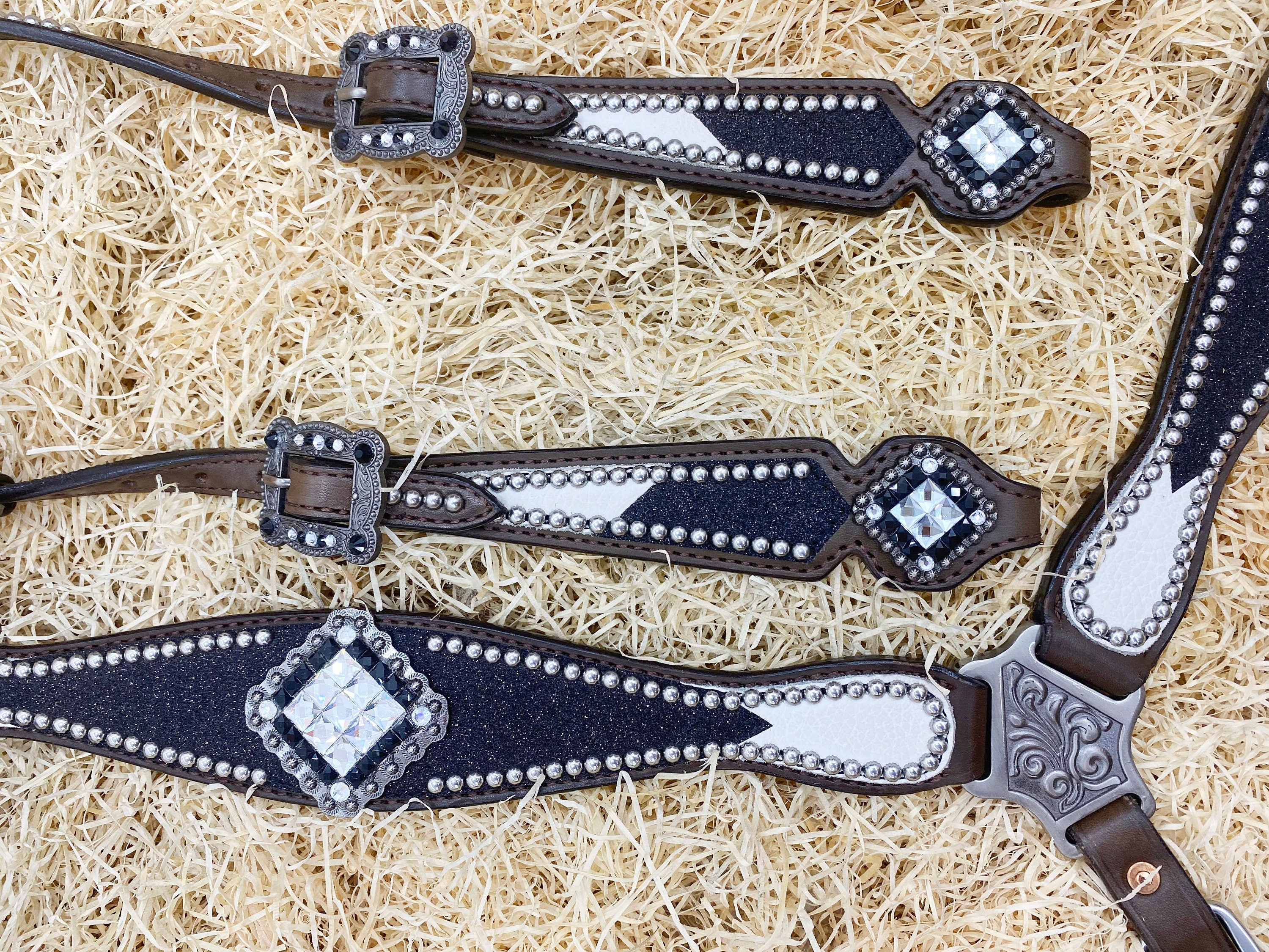 MOUSM Argentina Cow Leather Headstall & Breast Collar Set – Western Bridle with Black Glitter Print & Black-White Stones