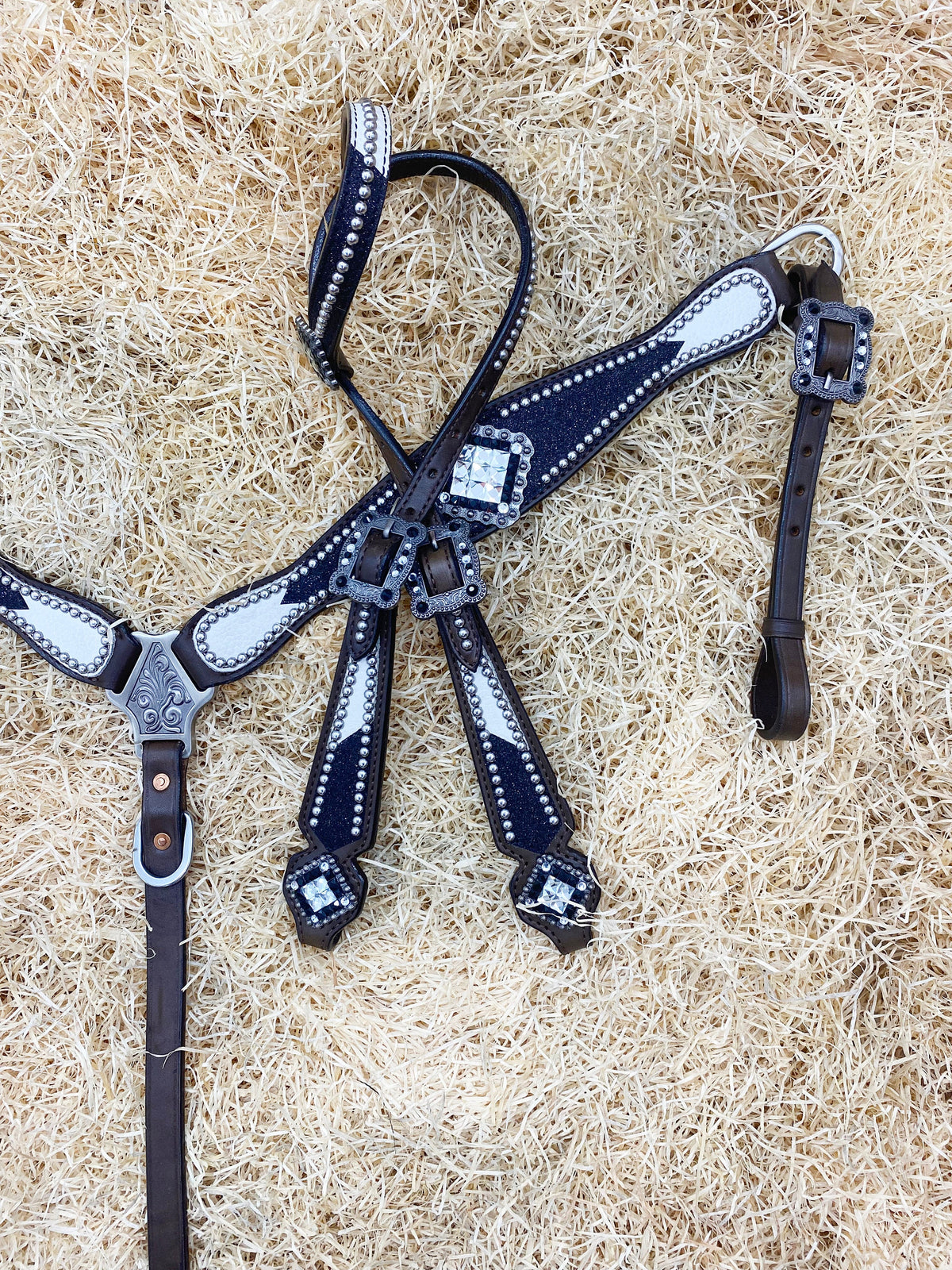 Black Glitter Print & Silver Studs Headstall and Breast Collar Set