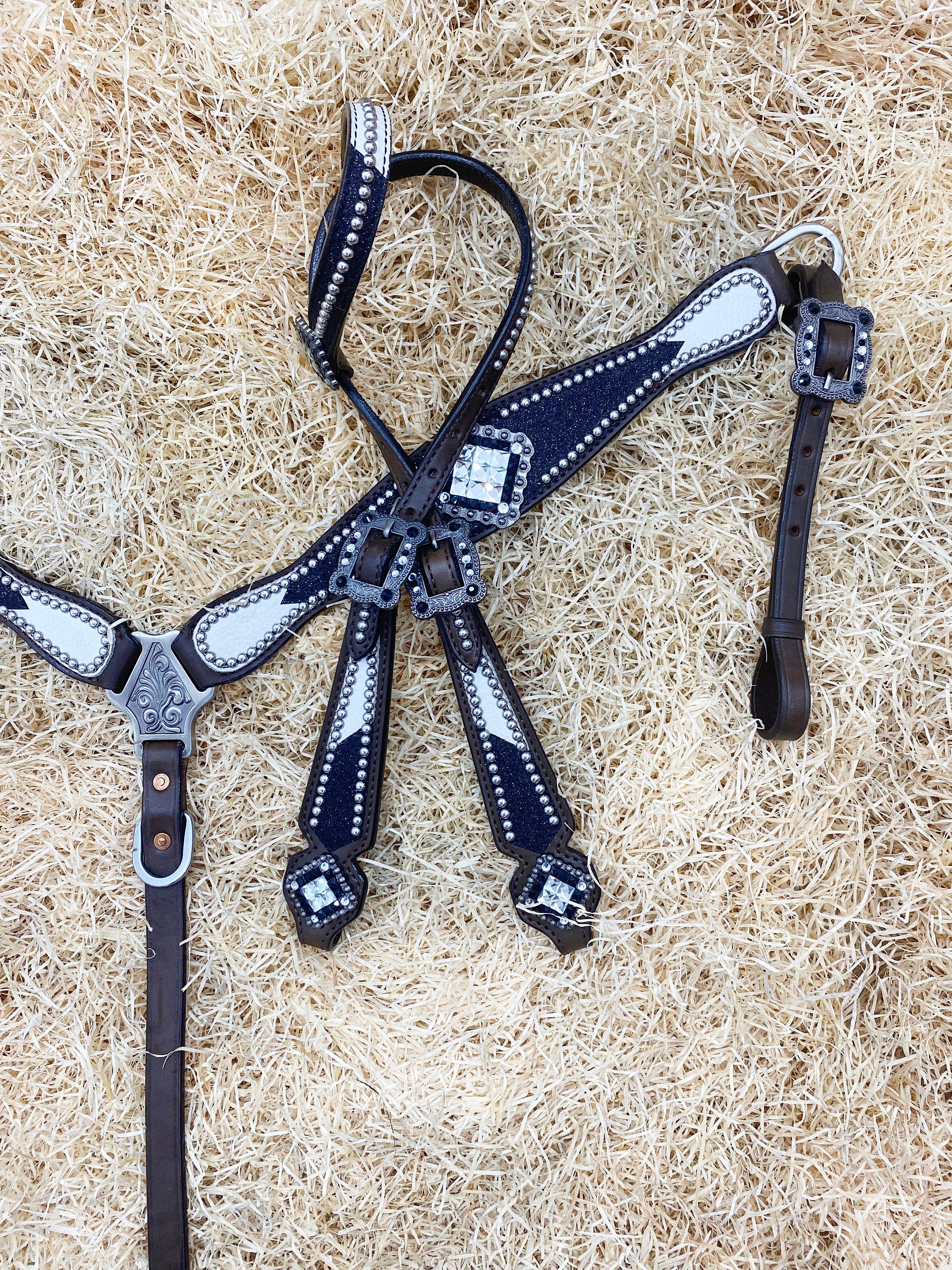 MOUSM Argentina Cow Leather Headstall & Breast Collar Set – Western Bridle with Black Glitter Print & Black-White Stones