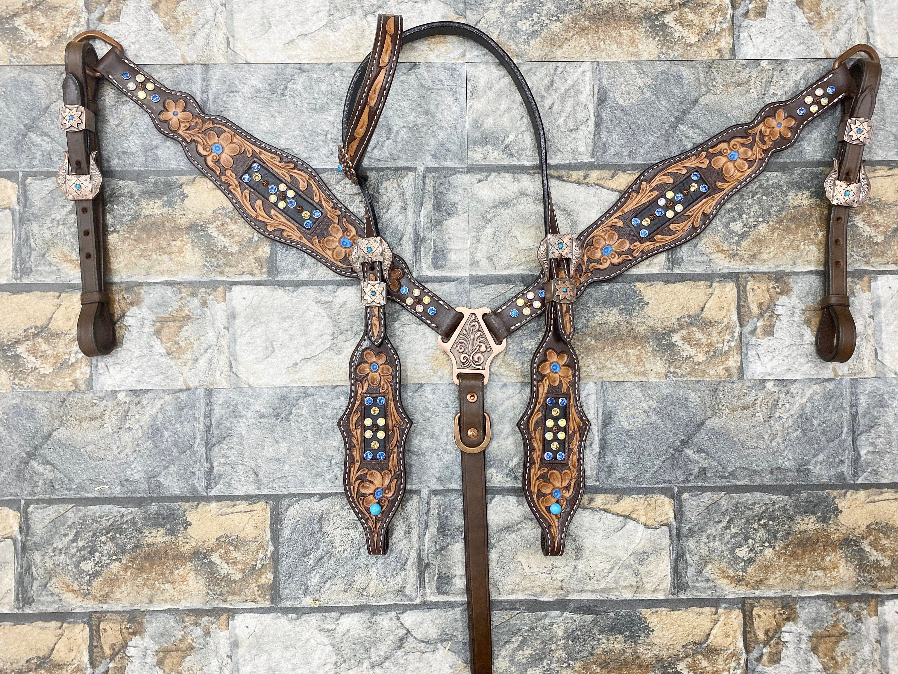 MOUSM Western Headstall & Breast Collar Set – Made with Argentina Cow Leather, Headstall for Horses Decorated with Flower Carving & Blue-White Rhinestones, Antique Copper Hardware